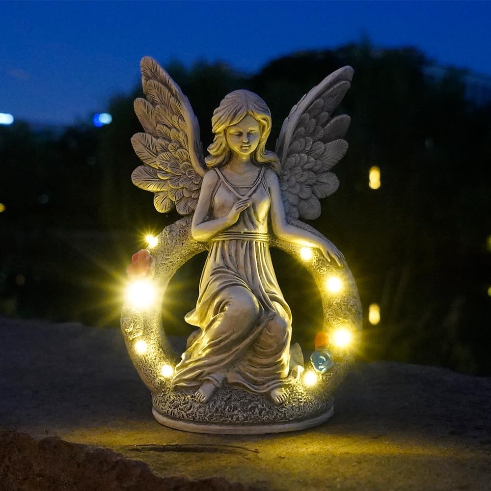 Estatuas solares de jardín de ángeles, 8 luces LED, figuras de ángel, decoración de arte al aire libre para jardines, mamá, patios, balcones,