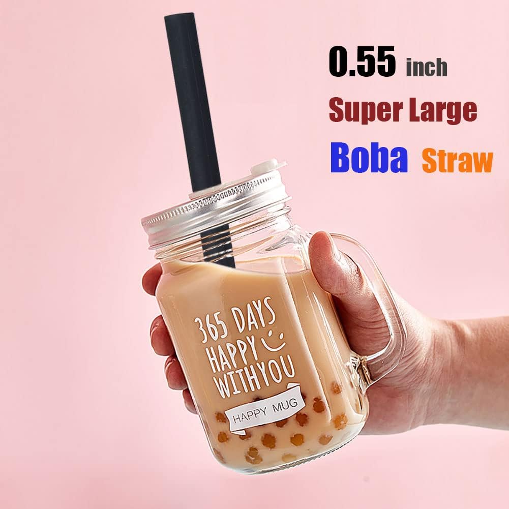 ALINK Pajitas Boba reutilizables de silicona negra, paquete de 4 popotes extra anchos para té de burbujas, batidos, perlas de tapioca con cepillo de