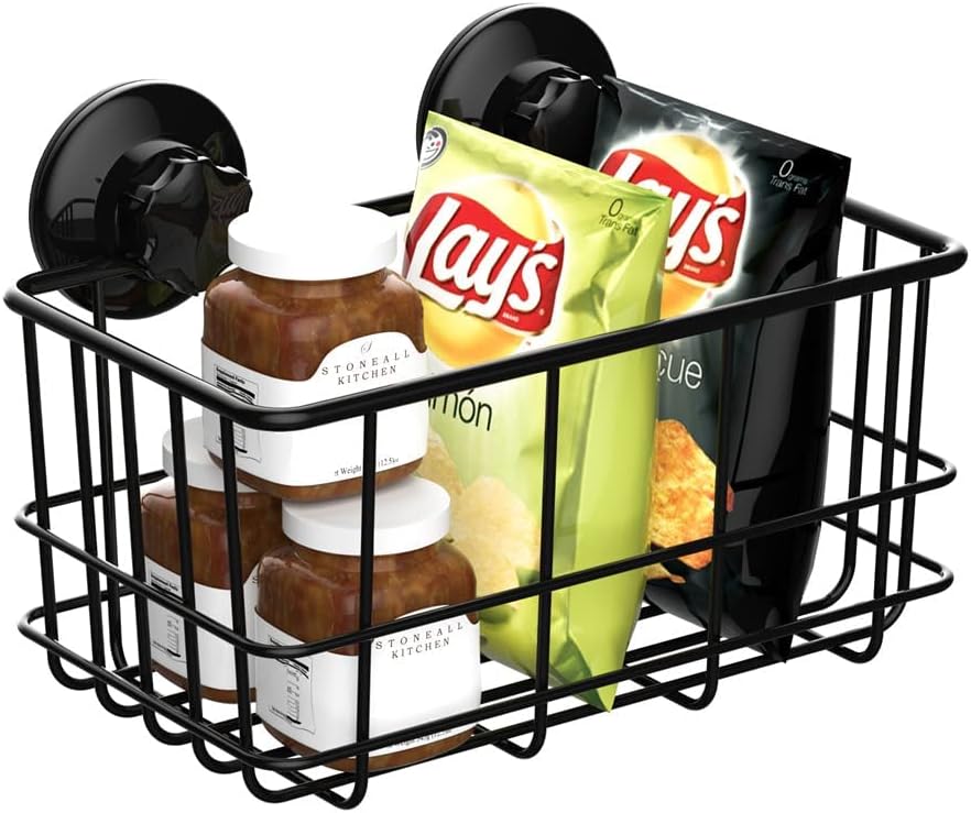 SANNO Cesta de ducha con ventosa para champú, organizador combinado de baño, soporte de acero inoxidable para almacenamiento de baño, color negro
