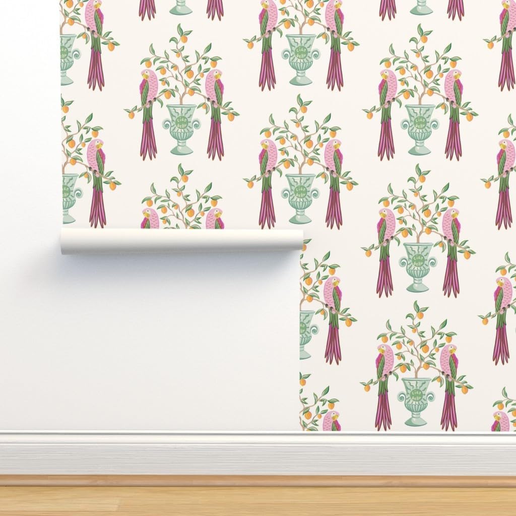 Spoonflower Muestro de papel tapiz extraíble  Pájaros botánicos Loro tropical Cítricos Floral Caprichoso vid Hojas Naranja Limón Italiano Papel