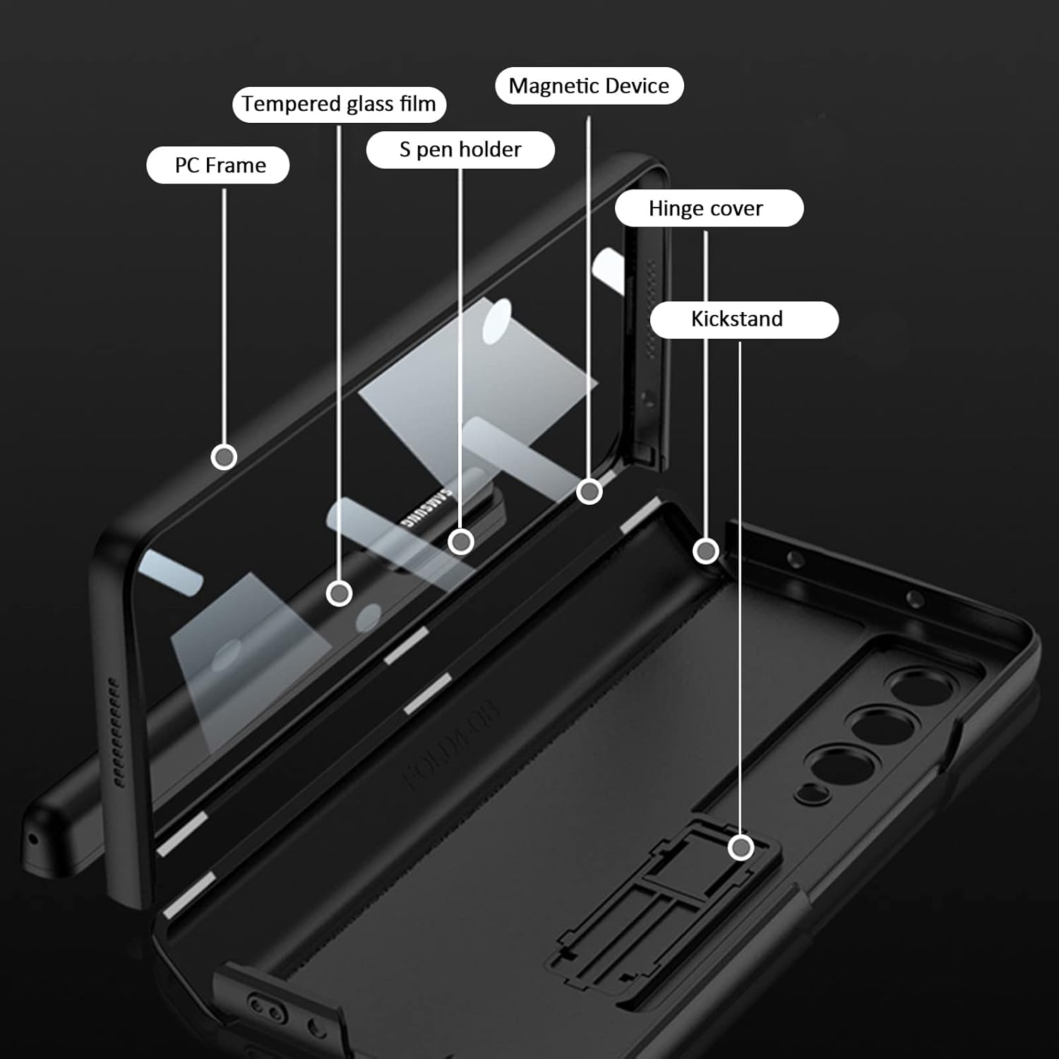 Miimall Funda compatible con Samsung Fold 3 con soporte para bolígrafo S, protector de pantalla integrado, protección magnética de bisagra, soporte