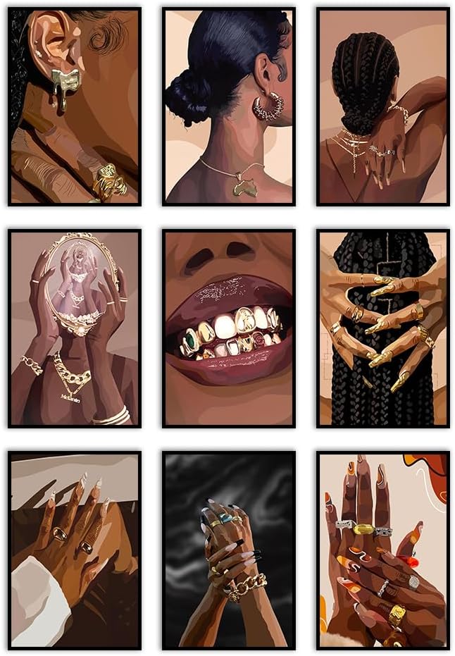 VejiA Impresión artística femenina negra, pintura de pared de estilo bohemio, pintura decorativa abstracta de mujer afroamericana, adecuada para