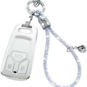 COXTOBRH Funda para llavero Audi con llavero de cristal para coche, protección para Audi A4 Q7 Q5 TT A3 A6 SQ5 R8 S5, color plateado COXTOBRH Funda para llavero Audi con llavero de cristal para coche, protección para Audi A4 Q7 Q5 TT A3 A6 SQ5 R8 S5, color plateado