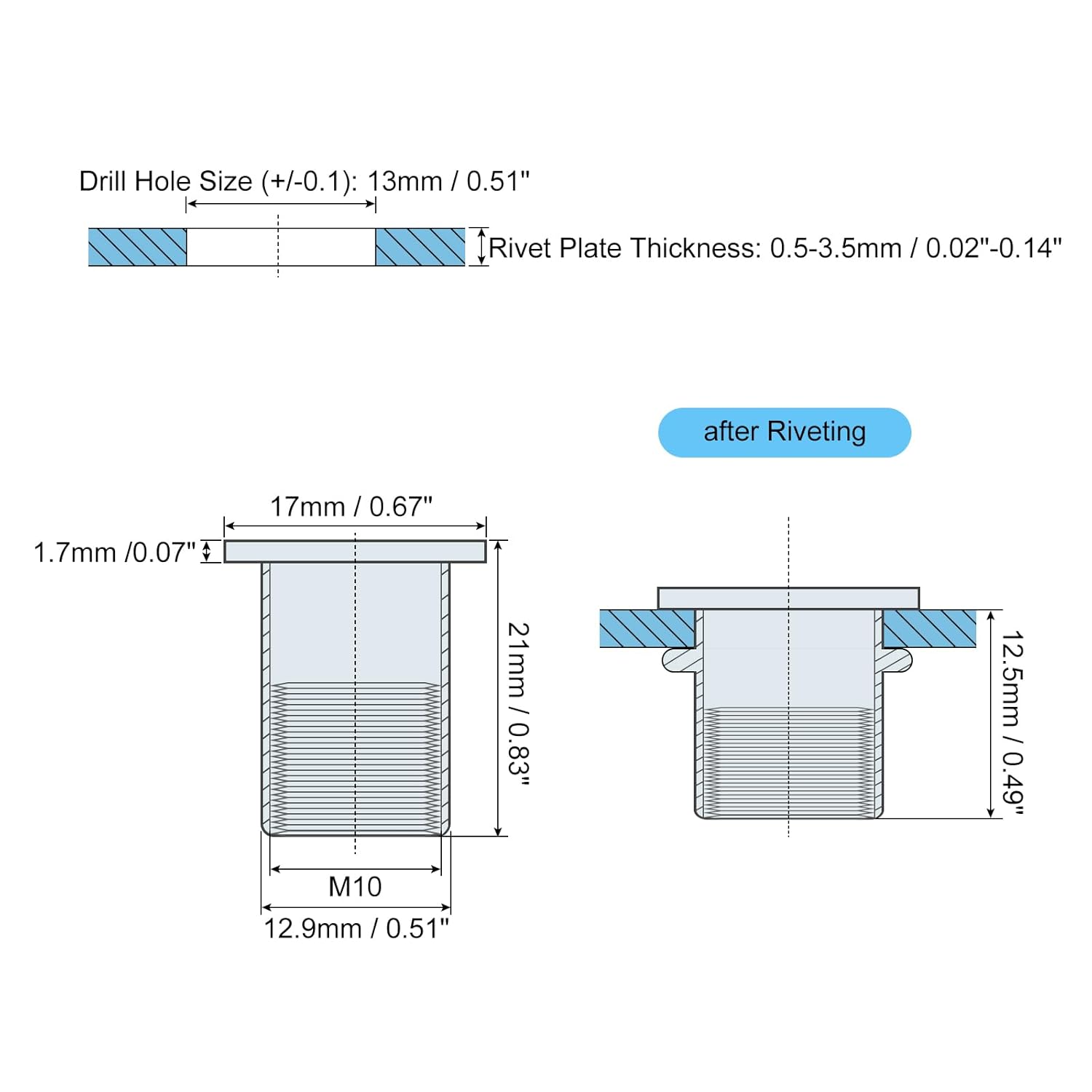 uxcell Tuercas de remache M10, 20 tuercas de inserción roscadas de cabeza plana de acero al carbono chapadas en zinc para metal, plástico