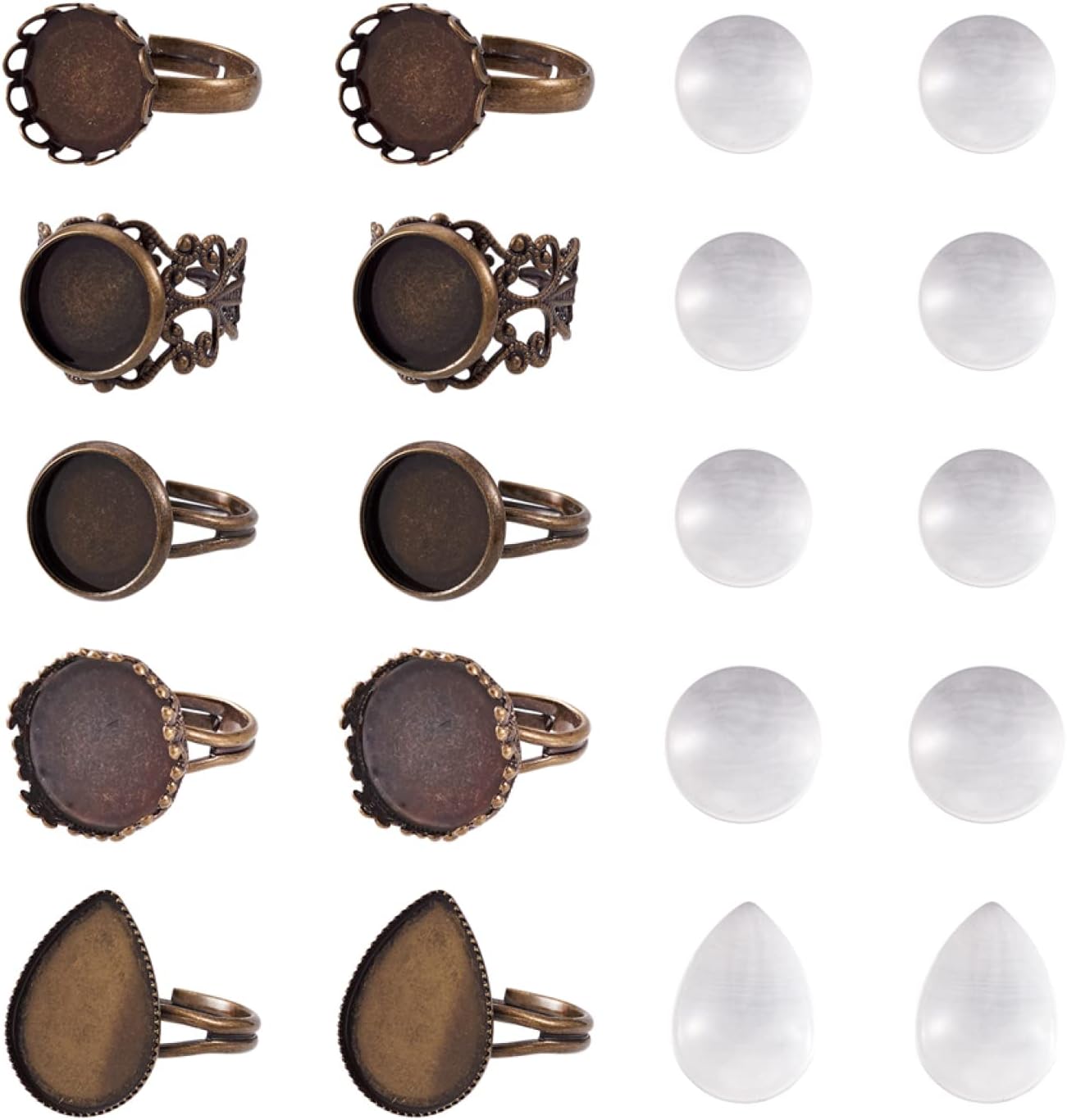 40 anillos de bronce antiguo, anillos de latón ajustables, anillos retro en blanco con ranuras, 40 cabujones de vidrio para mujeres, manualidades de