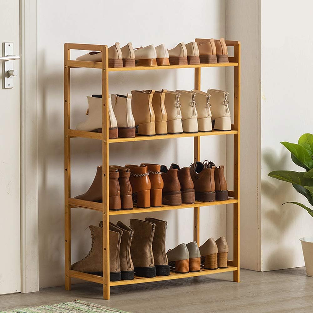 HOLIFLY Zapatero organizador de 4 niveles de madera y bambú para entrada, ajustable a zapatos de botas, almacenamiento premium para dormitorio