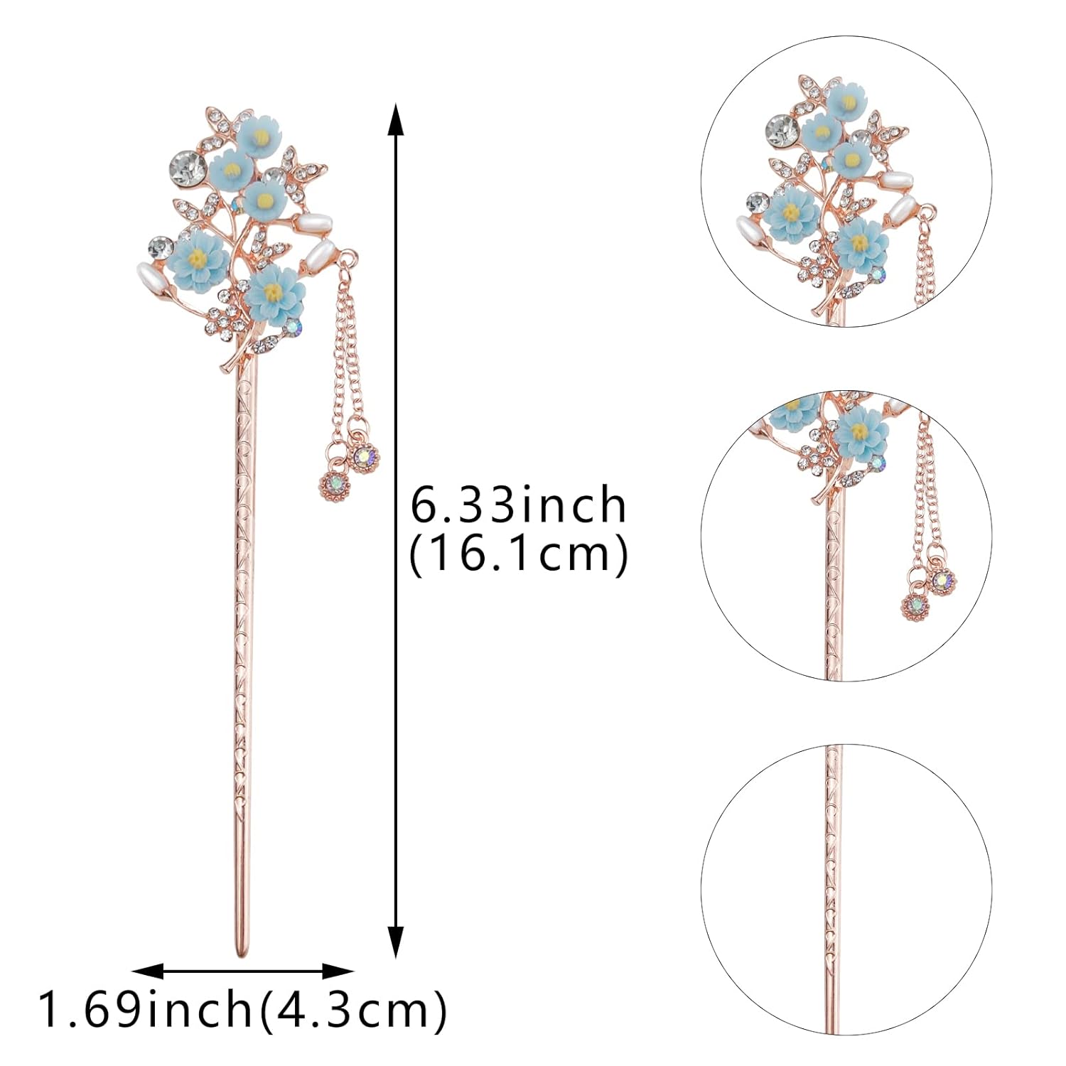 Paquete de 4 palillos para el cabello con flores de diamantes de imitación para moños, palillos de pelo con borlas vintage, accesorios de peinado
