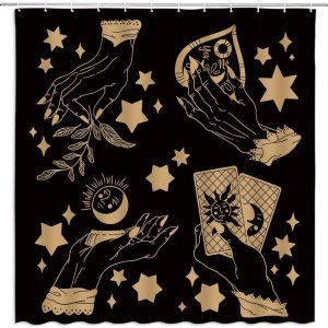GCTNBJL Cortina de ducha de bruja, quiromancia, espeluznante, tablero de Ouija, sol, luna, hojas de mano, estrella, bohemio, tarot mágico, brujería, GCTNBJL Cortina de ducha de bruja, quiromancia, espeluznante, tablero de Ouija, sol, luna, hojas de mano, estrella, bohemio, tarot mágico, brujería,