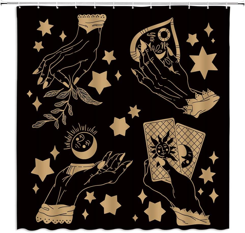 GCTNBJL Cortina de ducha de bruja, quiromancia, espeluznante, tablero de Ouija, sol, luna, hojas de mano, estrella, bohemio, tarot mágico, brujería,