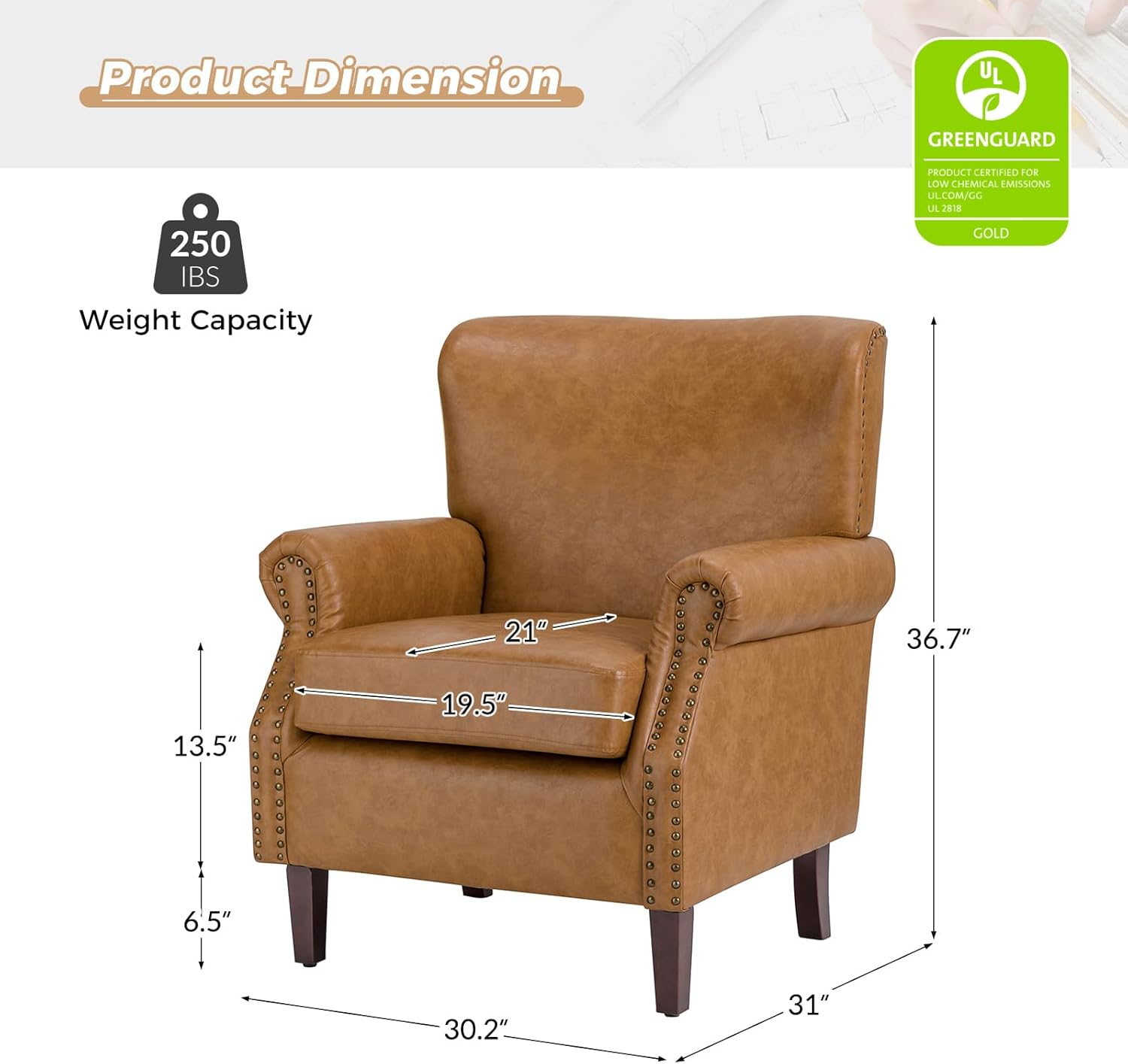 HULALA HOME Silla decorativa de piel sintética con reposabrazos enrollados y ribete de cabeza de clavos, cómodo sillón tapizado para sala de estar