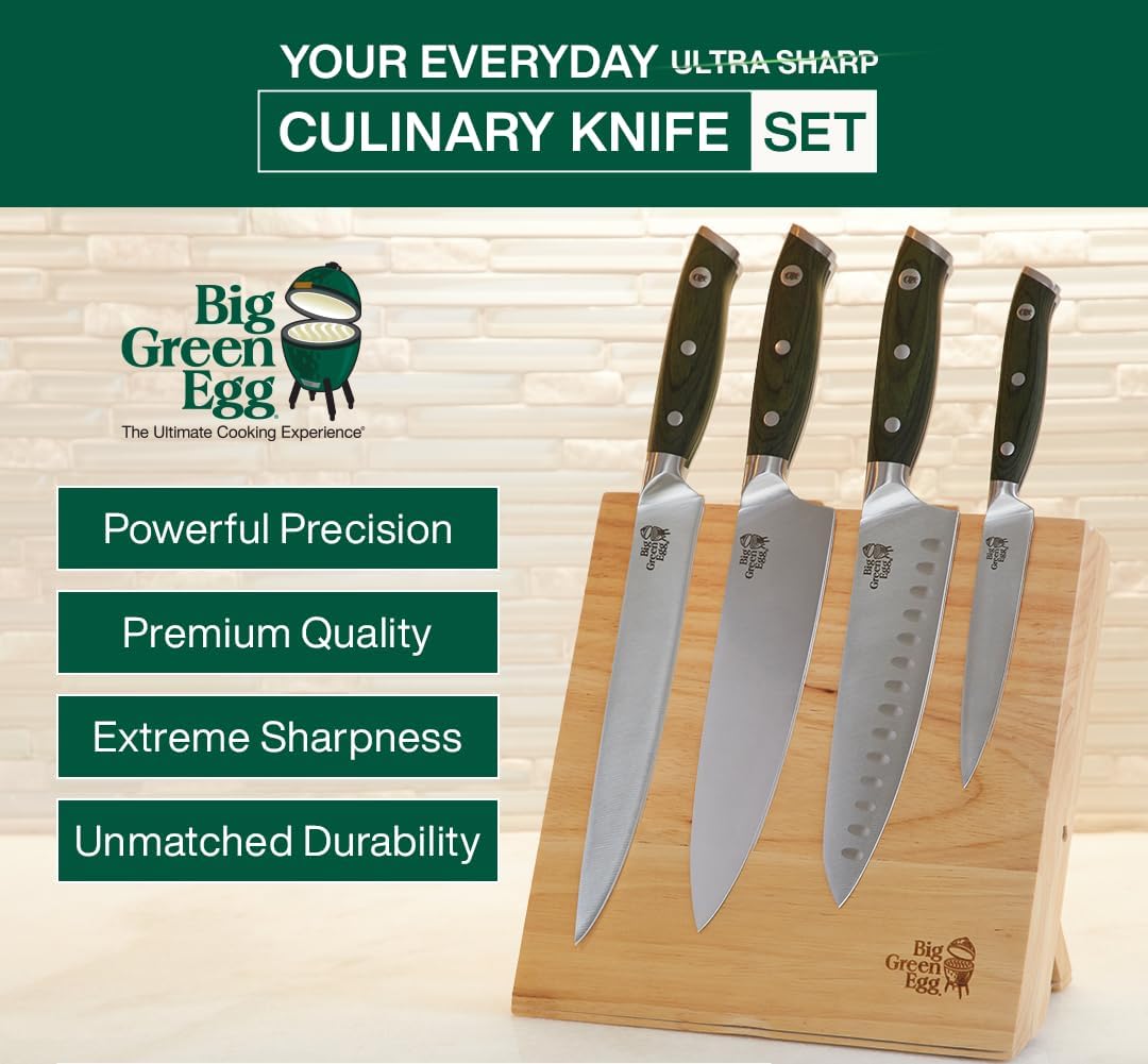 Big Green Egg Juego de cuchillos de chef culinario (4 piezas) con estuche, cuchillos de acero alemanes, cuchillo de chef de 8 pulgadas, cuchillo