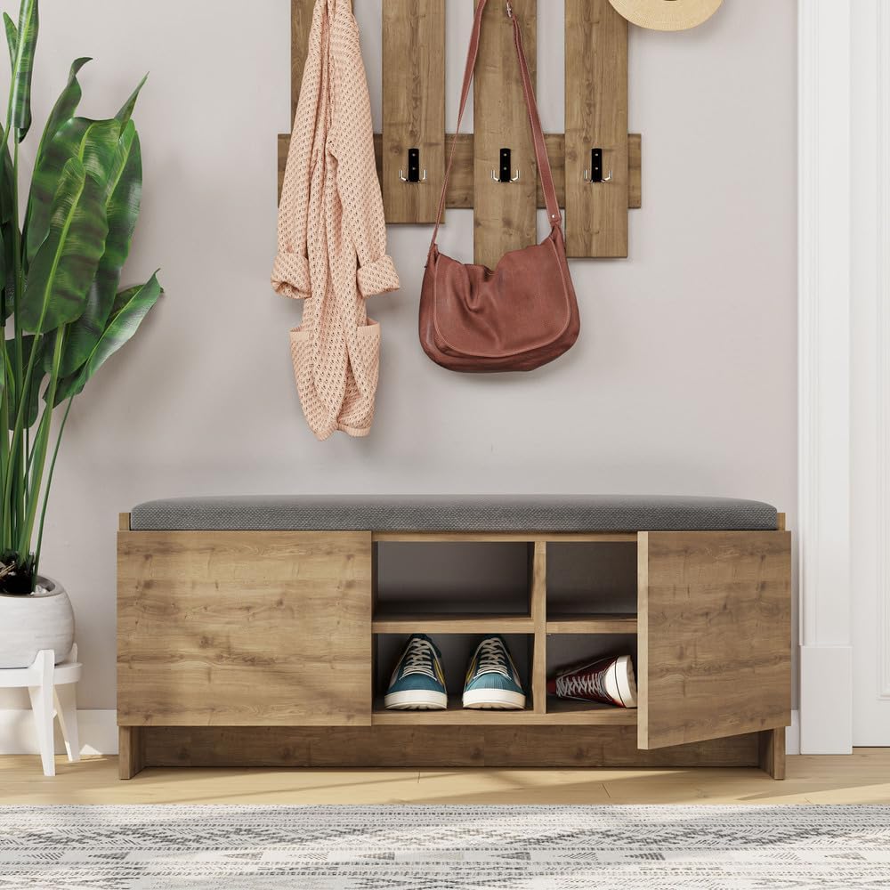 Niche Armario de almacenamiento de zapatos con estantes y banco, nogal rústico