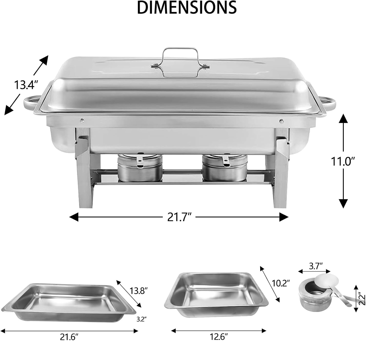 Juego de 4 platos para bufé, rectangulares de acero inoxidable, kit calentador de alimentos con tapas, bandejas para alimentos, marías y soportes