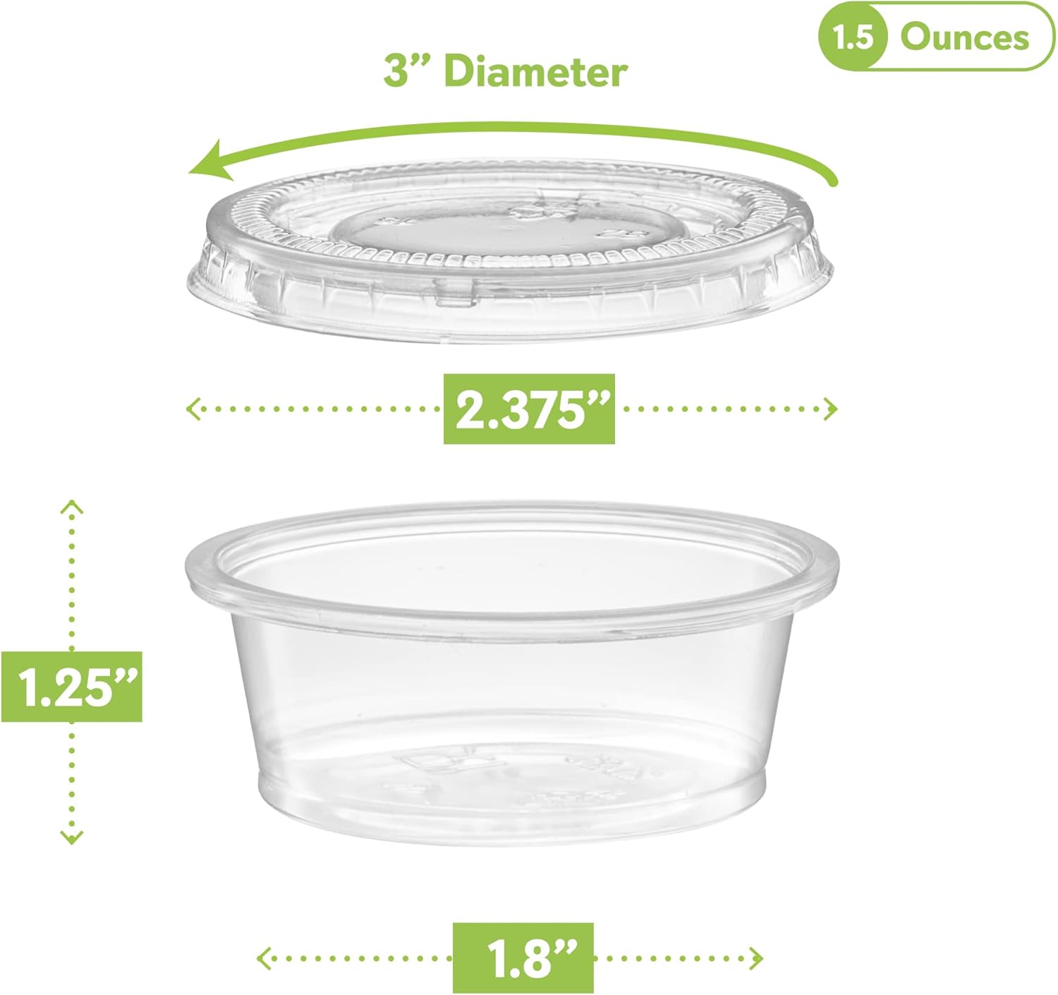 1.5 oz  100 juegos Vasos de plástico transparente con tapas, pequeños recipientes pequeños para control de porciones, chupitos de gelatina,