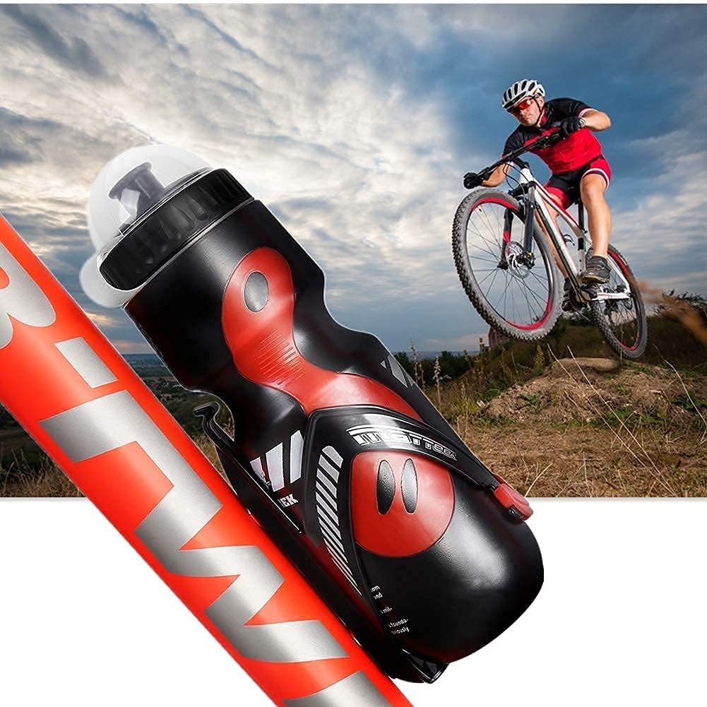 Botella de agua para bicicleta, botella de agua deportiva de 22.0 fl oz con soporte de jaula para bicicleta de montaña (negro)