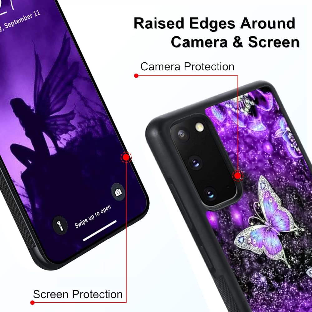 OOK Diseños para Samsung Galaxy S20 Funda Glitter Púrpura Mariposa Nebulosa Diseño Espacio PC Duro+Soft TPU Bumper Antideslizante Ultra Delgada