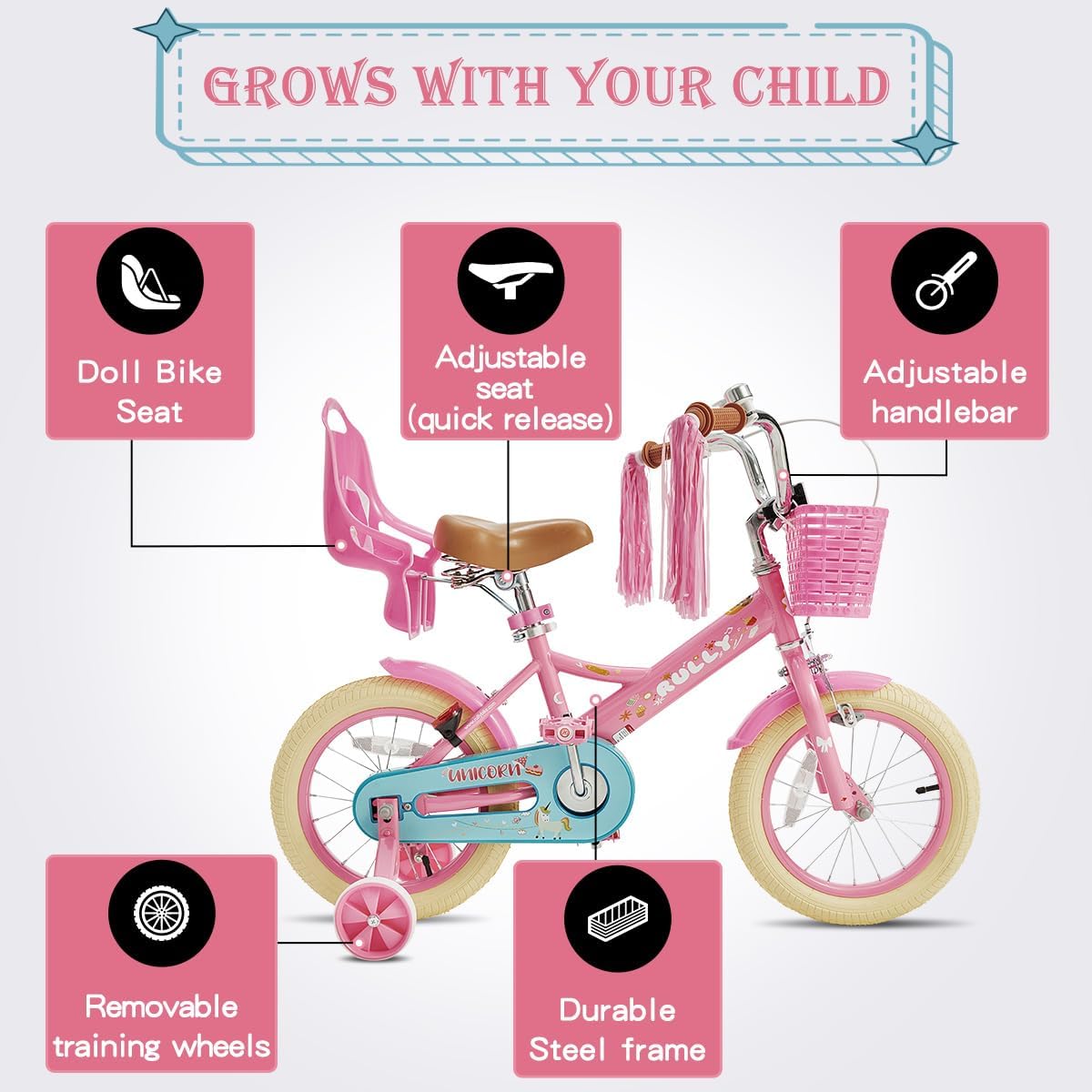 RULLY Bicicleta infantil de 12, 14, 16 pulgadas, para niñas de 2 a 7 años, ruedas de entrenamiento incluidas, bicicletas para niñas con canasta,