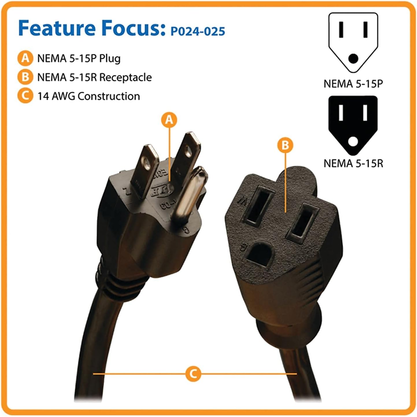 Tripp Lite Cable de extensión de cable de alimentación, resistente, 14AWG, 5-15P a 5-15R, 15A, 25′ (P024-025) negro