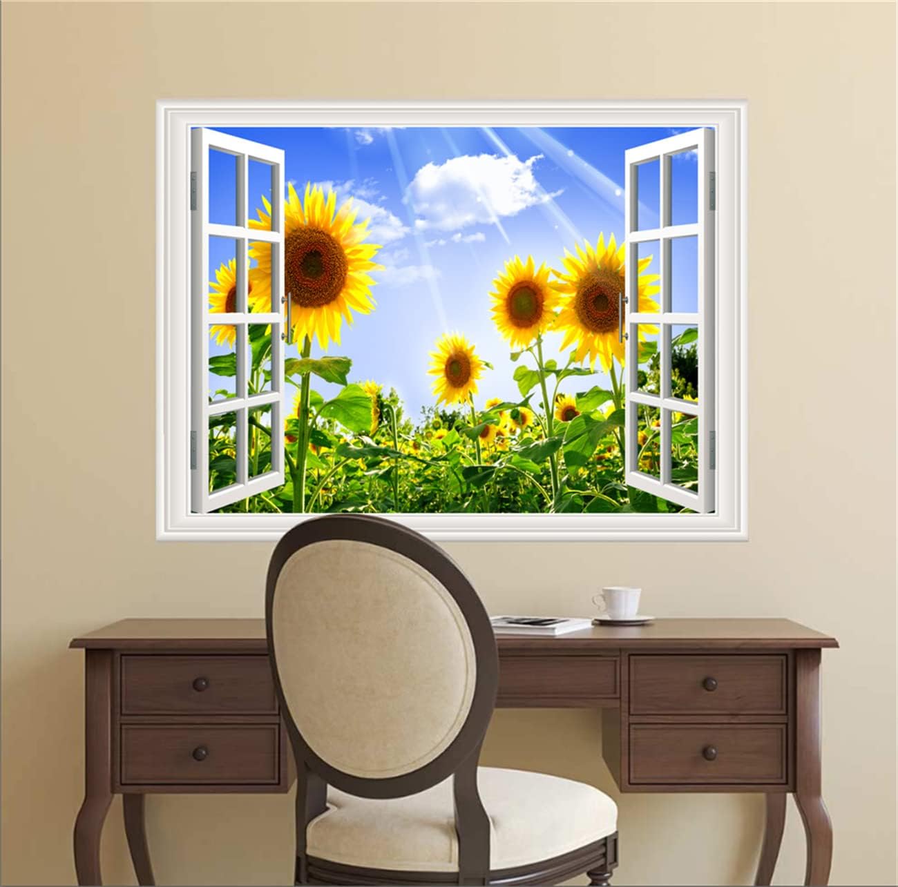 Pintura autoadhesiva 3D, calcomanías de pared falsas para ventana, isla tropical con palmeras, mural de pared, vista de ventana, decoración de pared