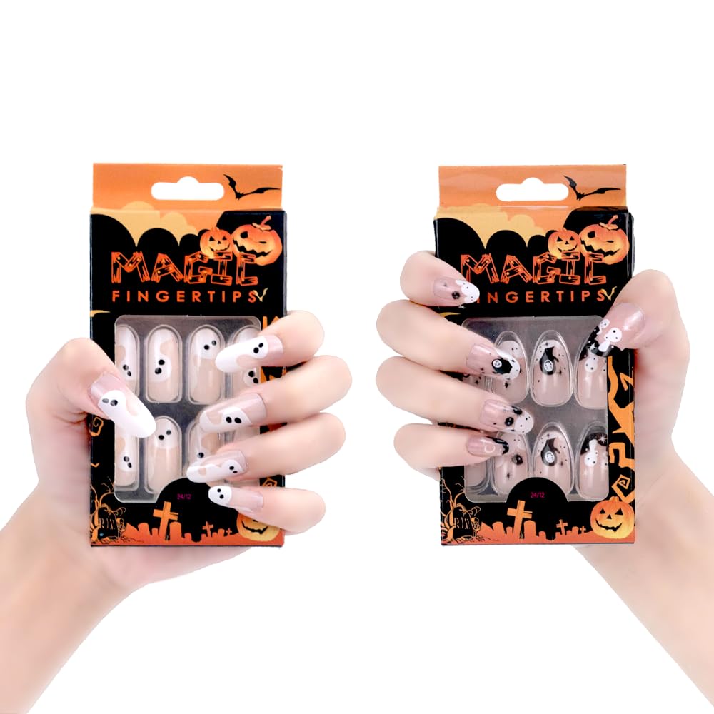 Juego de 48 piezas de pegamento de uñas color negro y rojo oscuro, uñas largas, fantasmas, góticas, uñas acrílicas ovaladas de aguja de almendra,