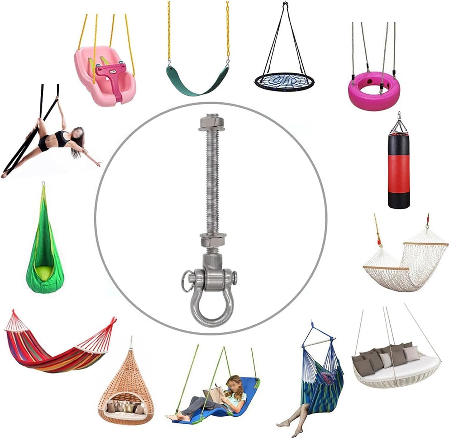 WWFFEN Columpio silencioso resistente con 4 rodamientos, columpio permanente antioxidante de 180, capacidad de 1500 libras, hamaca para yoga, 11