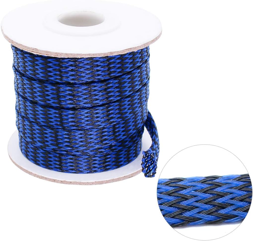 Protector de cable expandible de PET negro y azul para cable de carga USB, cable de alimentación, cable de audio y video, puede proteger al perro