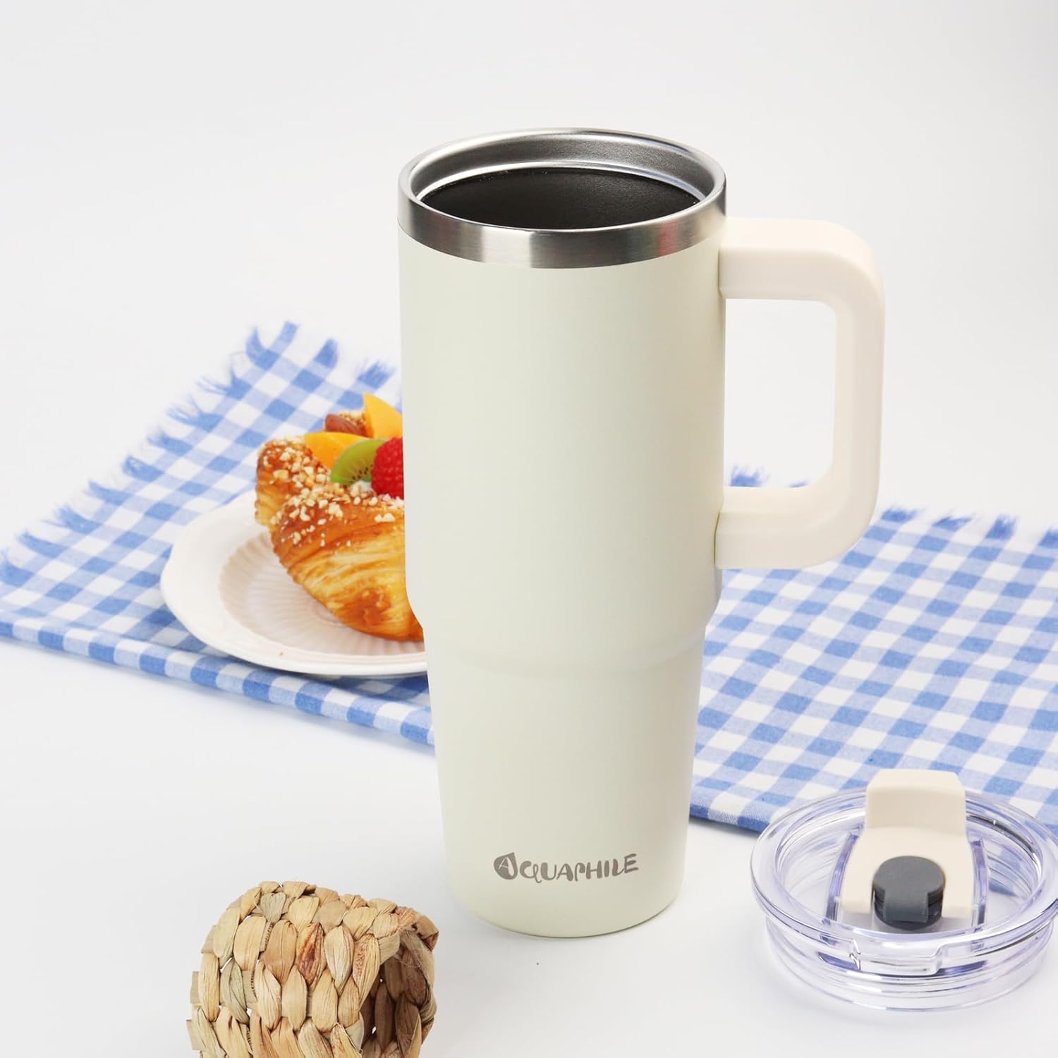 AQUAPHILE Vaso aislado de 30 onzas con asa, taza de viaje de acero inoxidable con tapa y pajita, vaso de café portátil de doble pared a prueba de