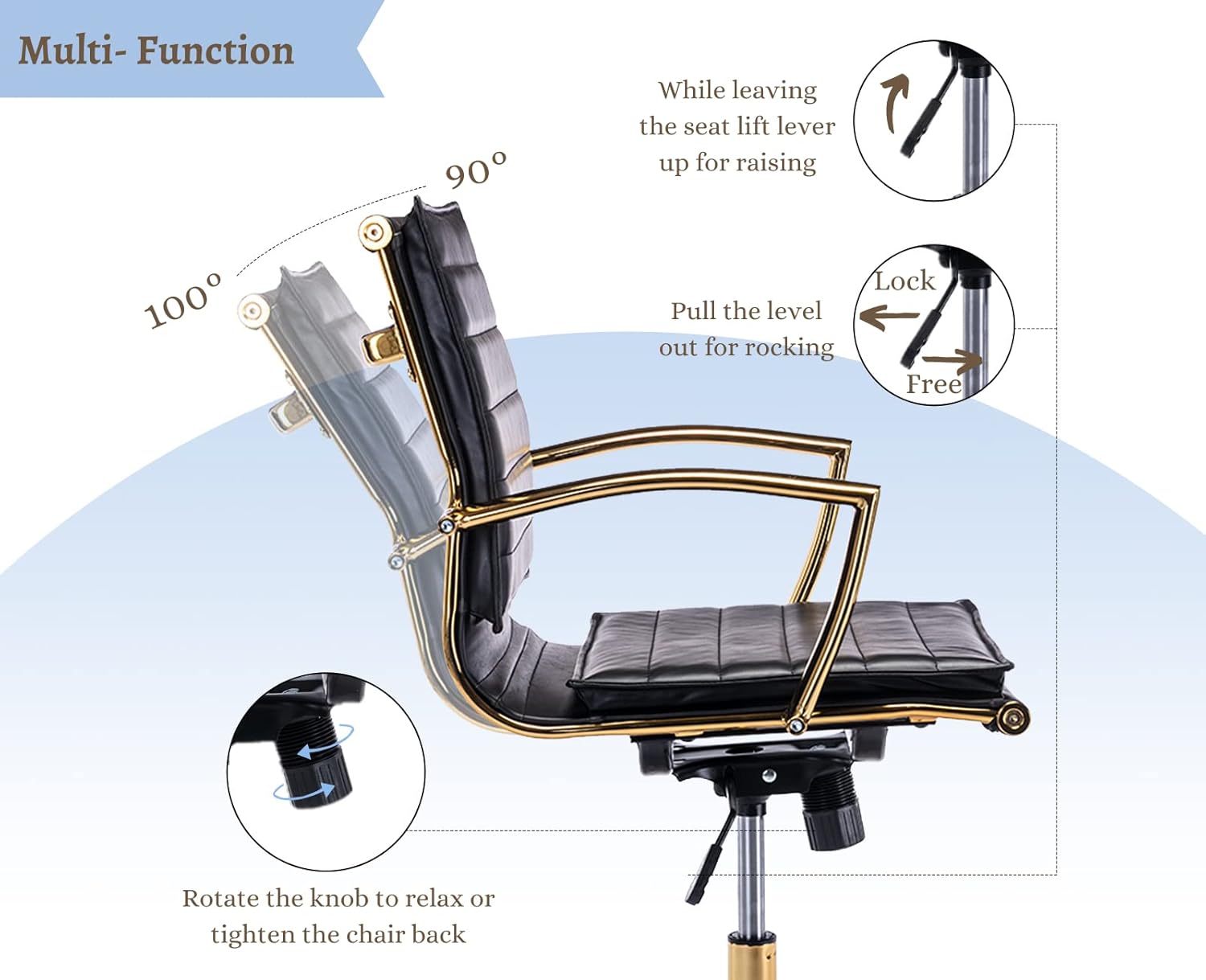 EALSON Silla de escritorio de cuero moderna, silla ergonómica de oficina con ruedas y brazos, base dorada, cómoda silla de trabajo para computadora,