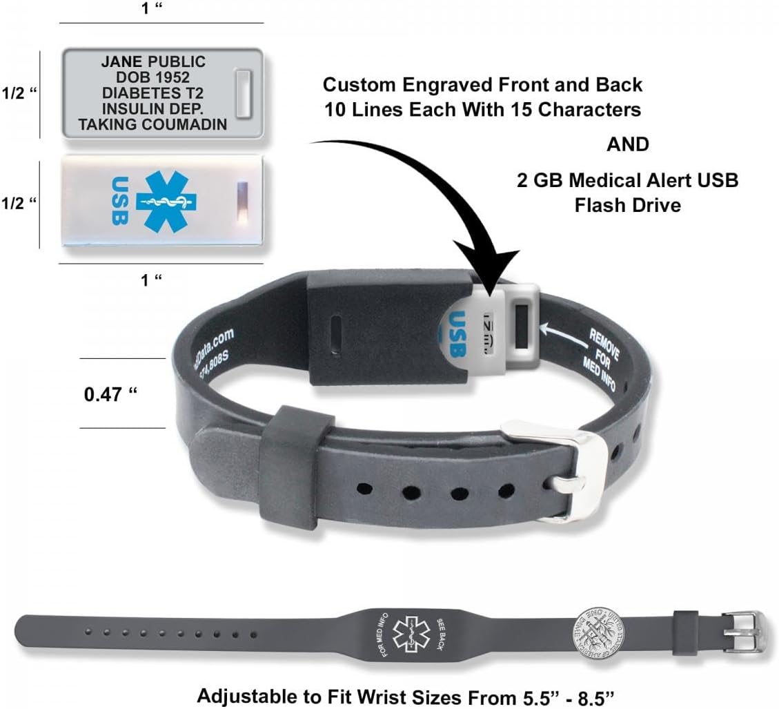 Elite II USB Plus pulsera médica impermeable pulsera de silicona 2GB unidad flash impermeable, incluye 10 líneas de grabado láser personalizado,