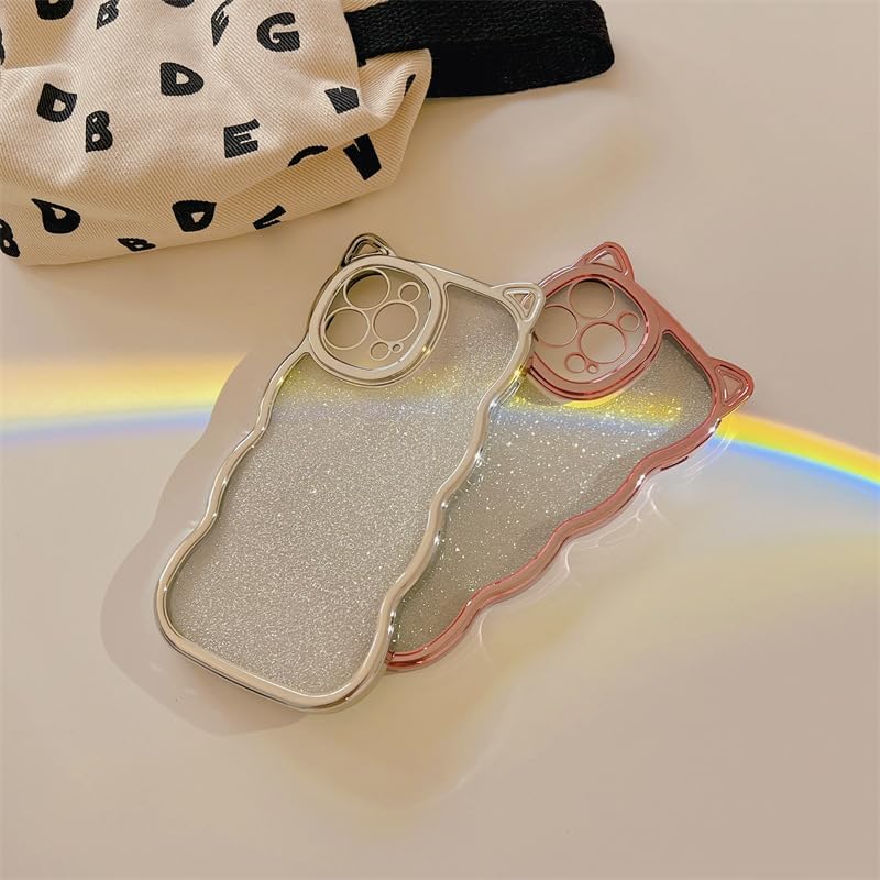 Funda compatible con iPhone 13, diseño de dibujos animados 3D chapado en orejas de gato con purpurina brillante en la parte trasera rizada,