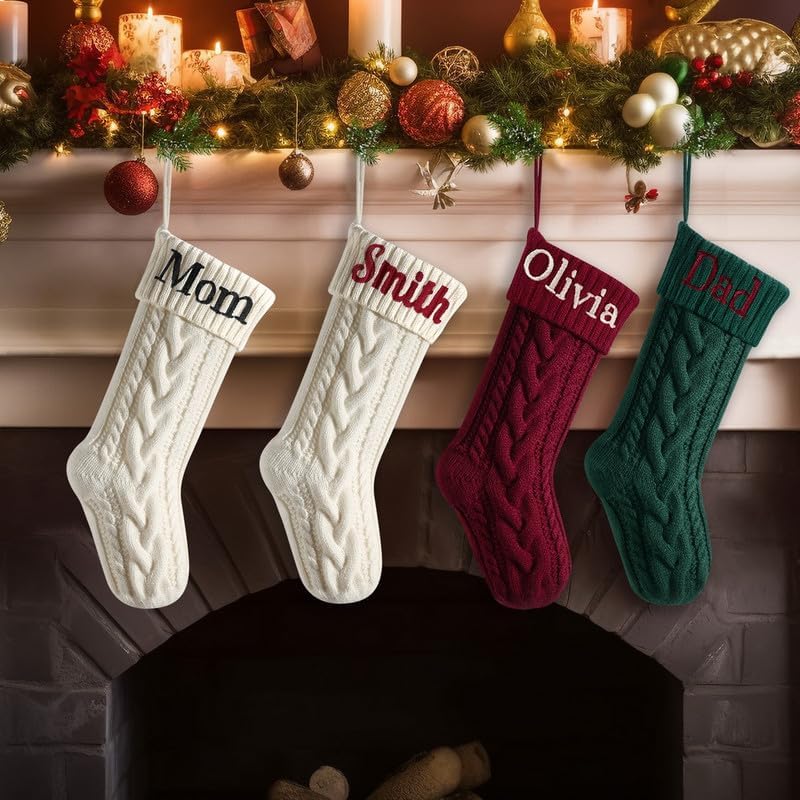Takezuaa Medias de Navidad personalizadas con nombre personalizado de 18 pulgadas, medias de Navidad grandes de punto para chimenea, calcetines de