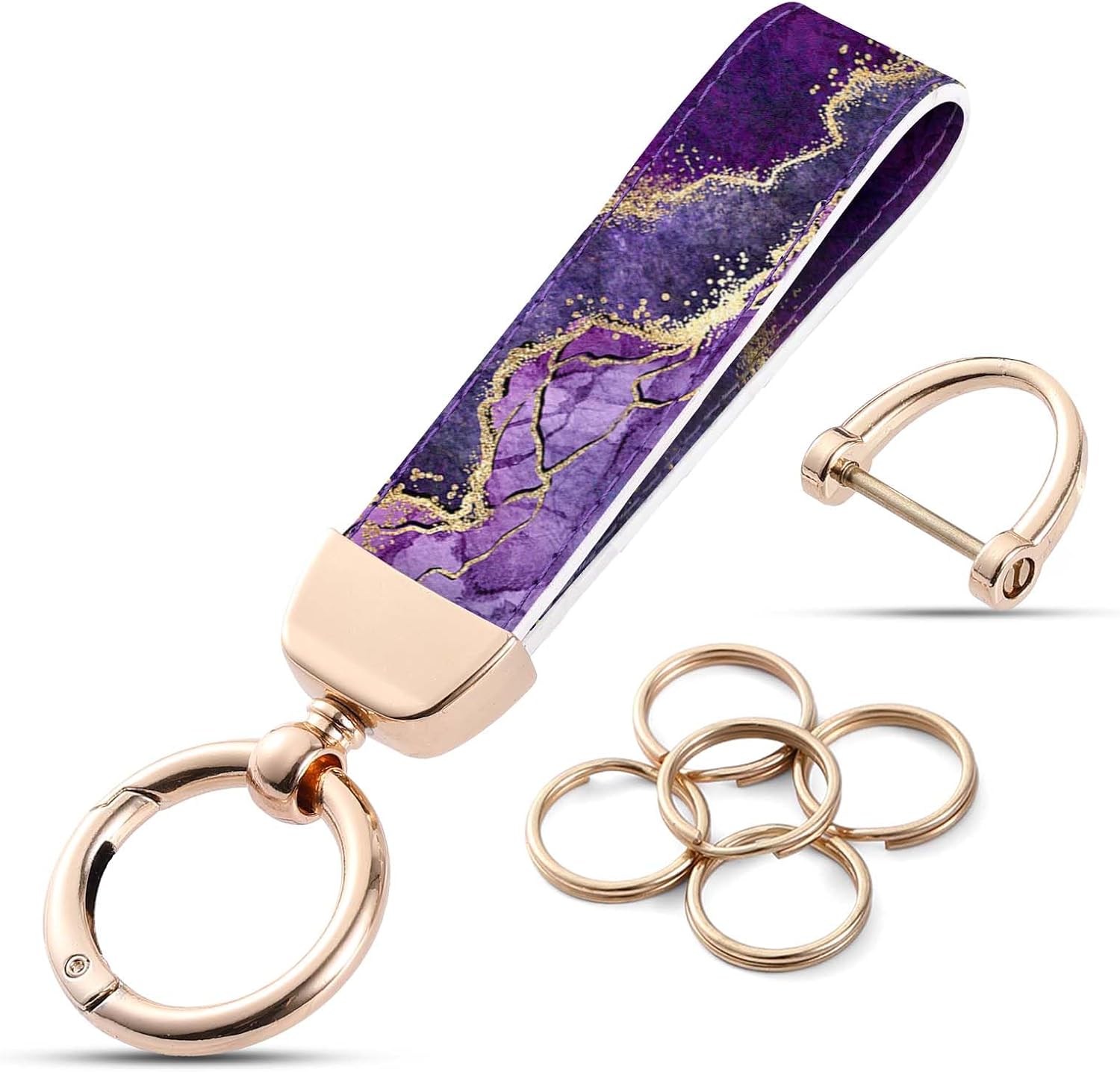 Llavero de cuero para hombre y mujer, llaveros para llaves de coche con 5 llaveros y llavero de anillo en D antipérdida, Mármol púrpura