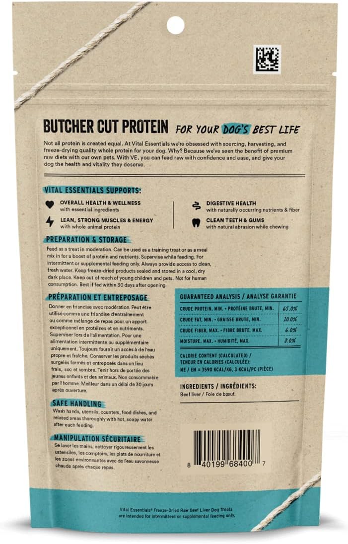 Vital Essentials Golosinas crudas liofilizadas para perros de un solo ingrediente, hígado de res, 2.1 onzas