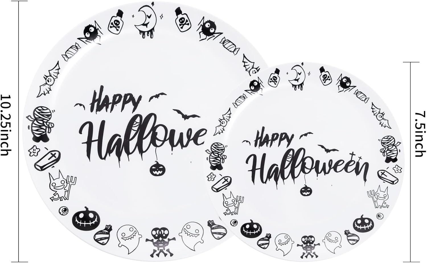 YOUBET 60 platos de Halloween, platos de plástico de Feliz Halloween, platos desechables blancos y negros, 30 platos de cena, 30 platos de postre,