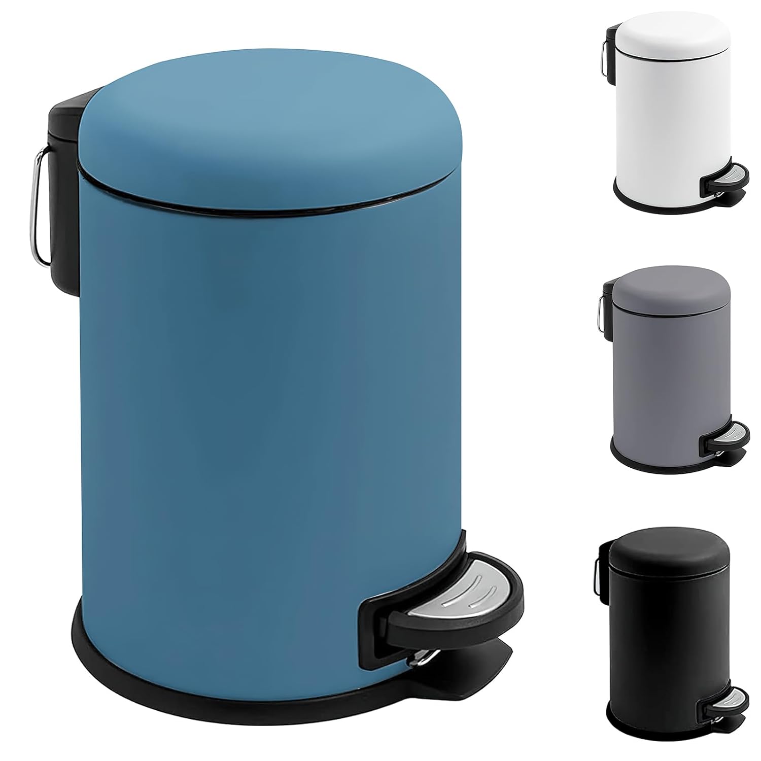 Komphy Cubo de basura pequeño con pedal de pie, cubo de basura de baño de 0.8 galones con tapa de cierre suave, cubo de basura redondo de acero