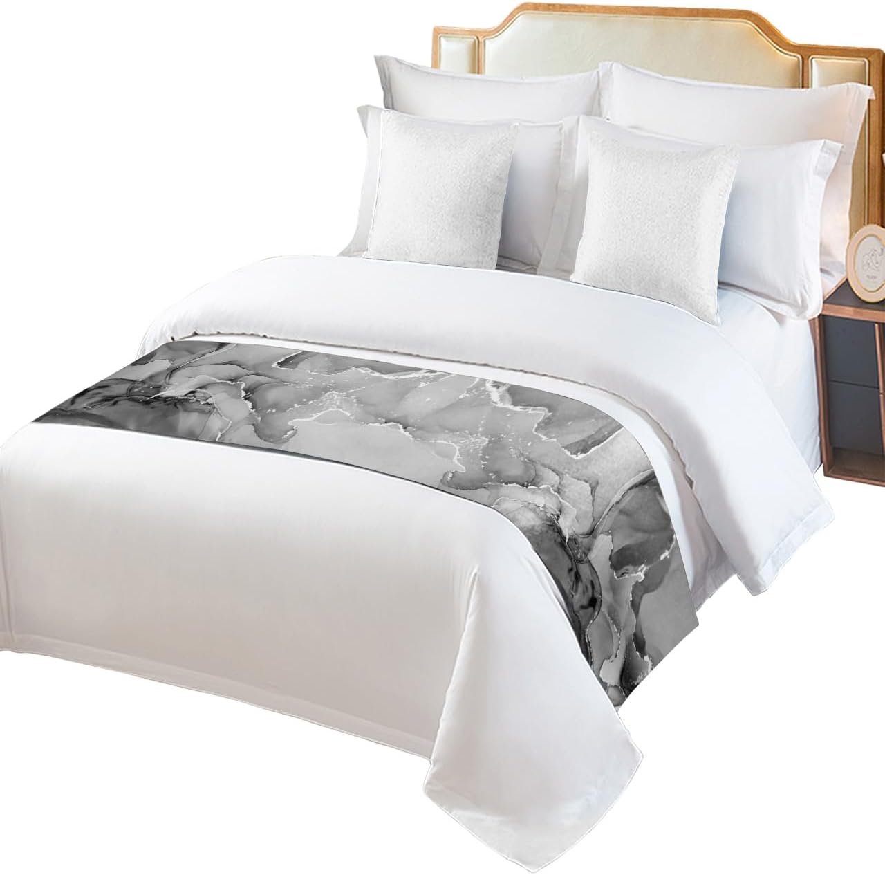 Bufanda de camino de cama de hotel de 94 x 20 pulgadas para cama de tamaño matrimonial, mármol gris vintage con purpurina dorada y plateada,