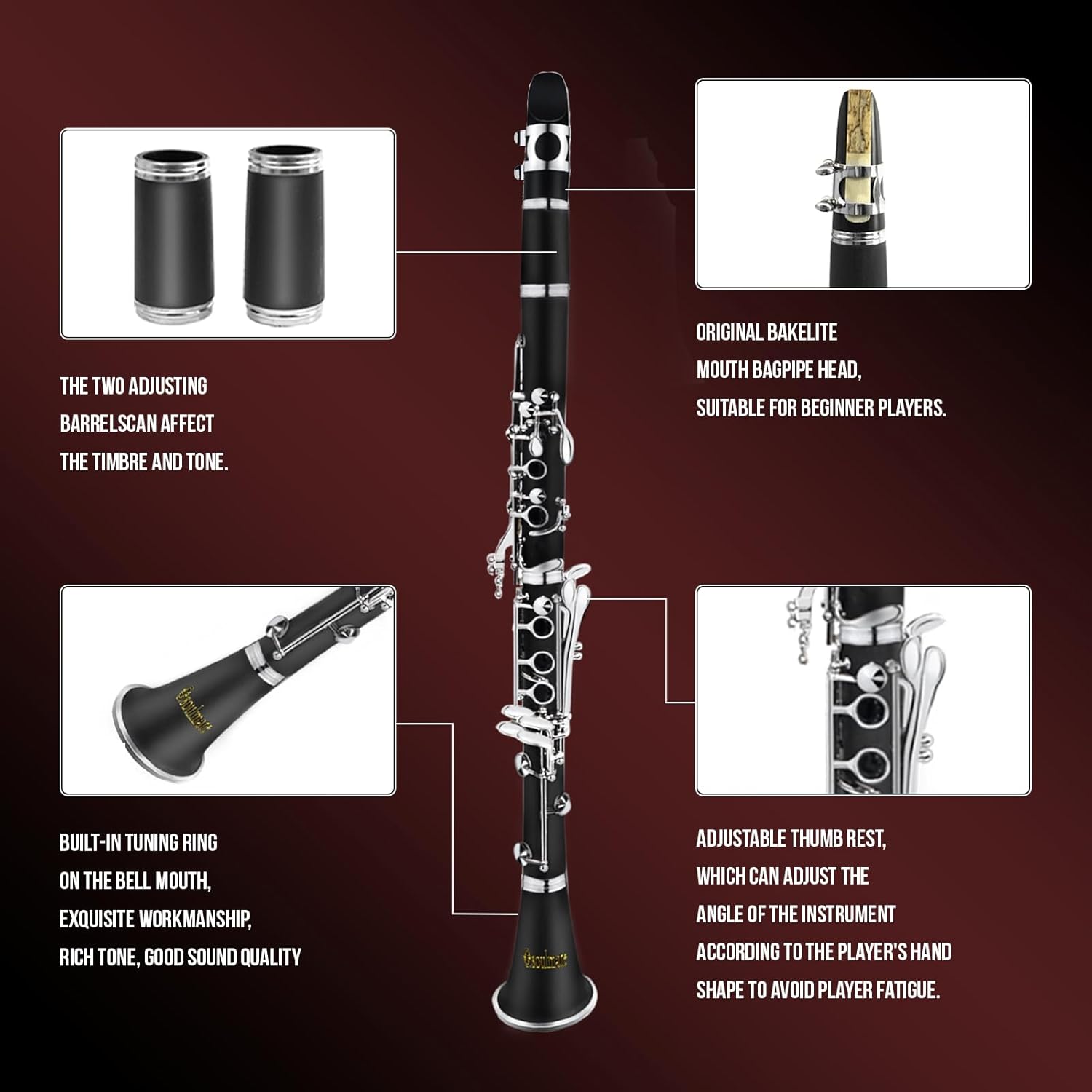Soulmate Clarinete, clarinete en Bb para principiantes, estudiantes y adultos, 17 llaves niqueladas con 2 barriles, 10 cañas, estuche rígido y kit