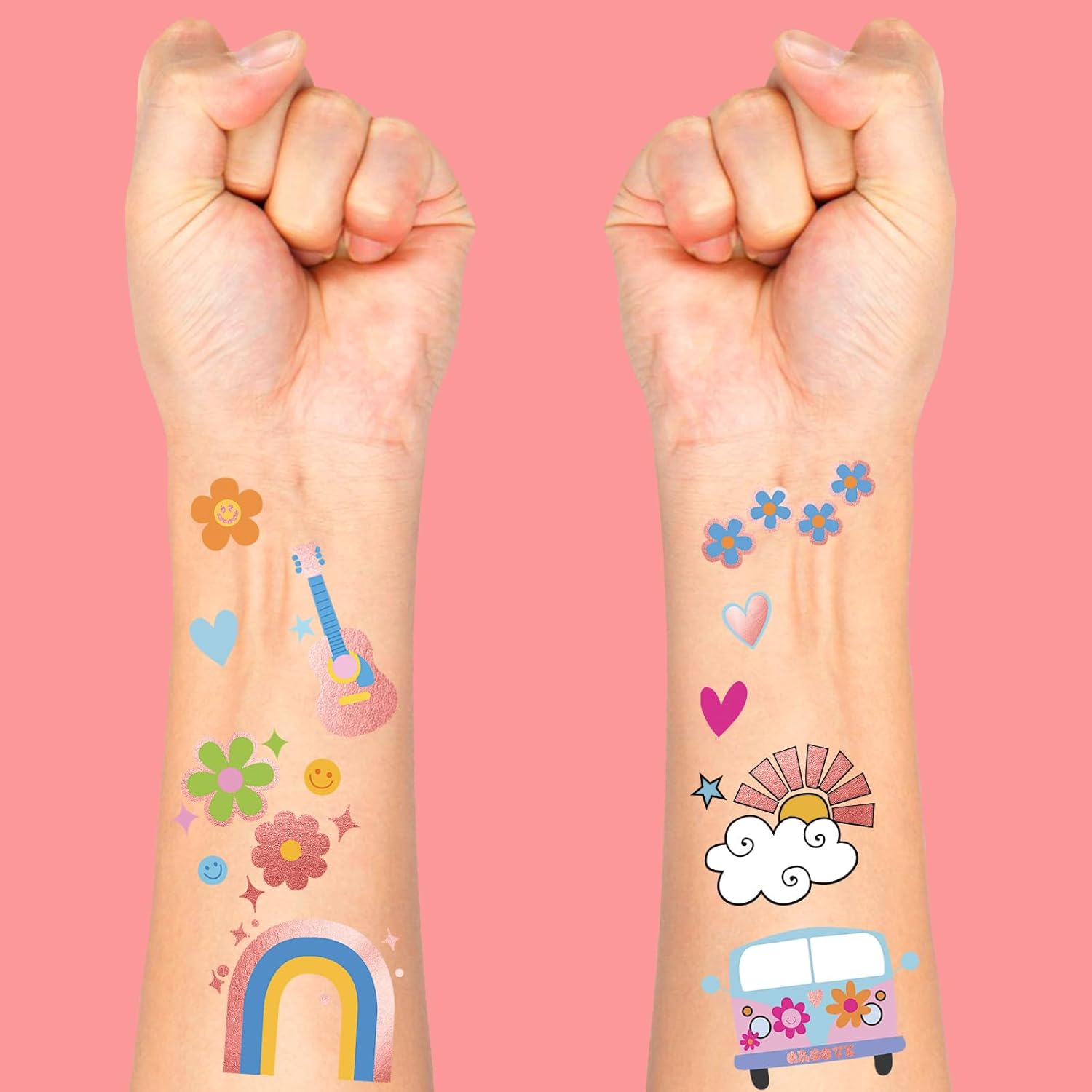 Tatuajes temporales Groovy, 177 tatuajes falsos con purpurina para niños, calcomanías de tatuajes para niños y niñas, diseño de margaritas hippie,
