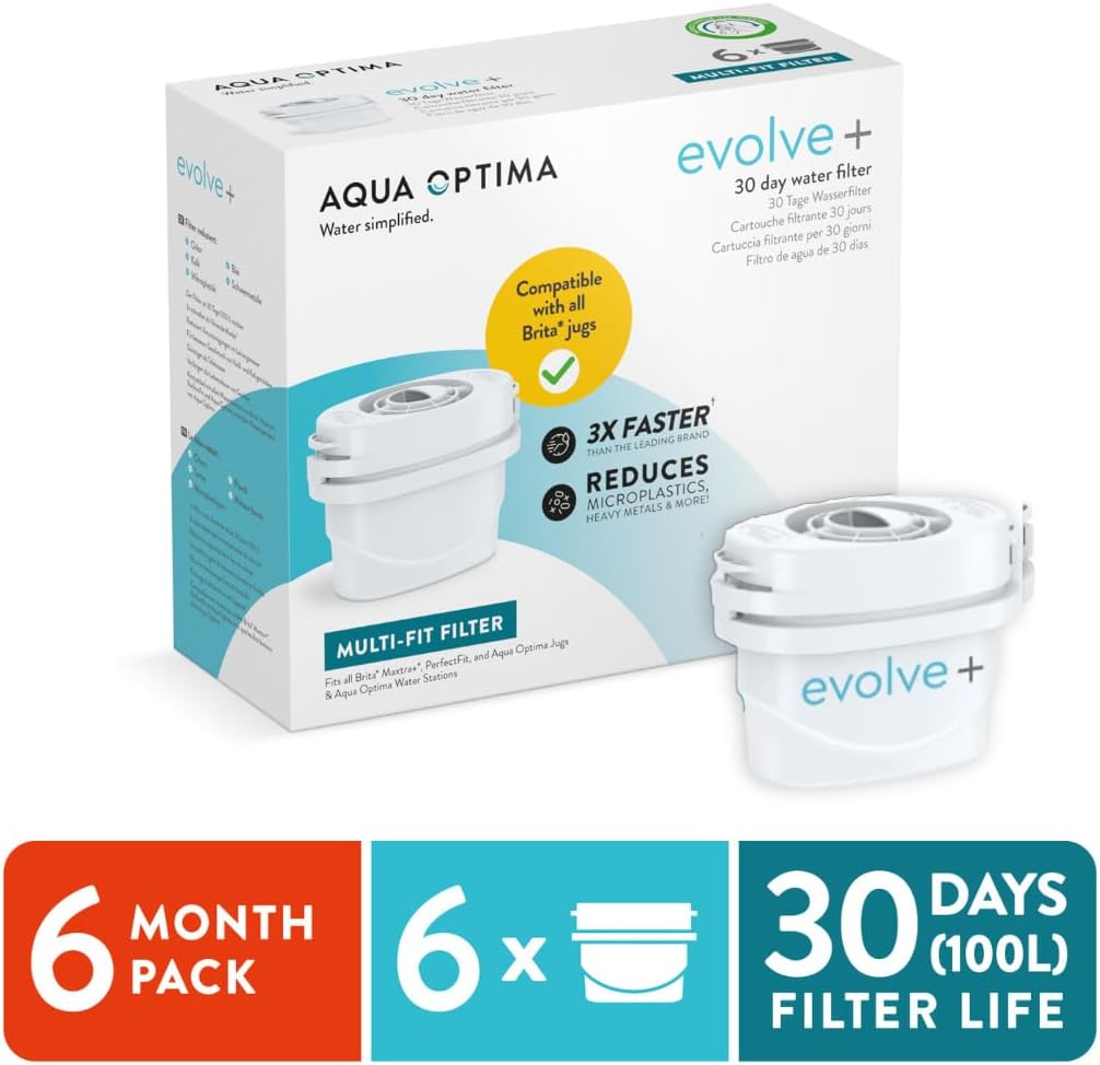 Aqua Optima Cartucho de filtro de agua, paquete de 6 (suministro de 6 meses), Evolve+, compatible con Brita Maxtra, Maxtra+ y PerfectFit, sistema de