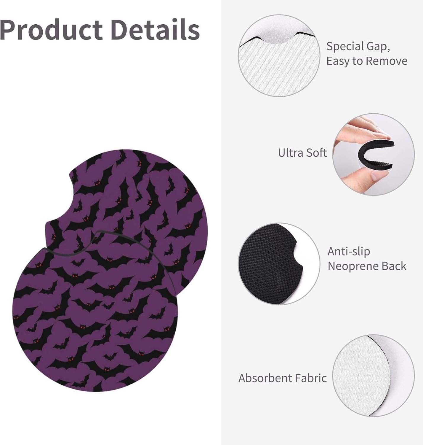 Portavasos de automóvil de murciélago de Halloween para mujeres y hombres, tapete decorativo absorbente de goma para taza de automóvil con parte