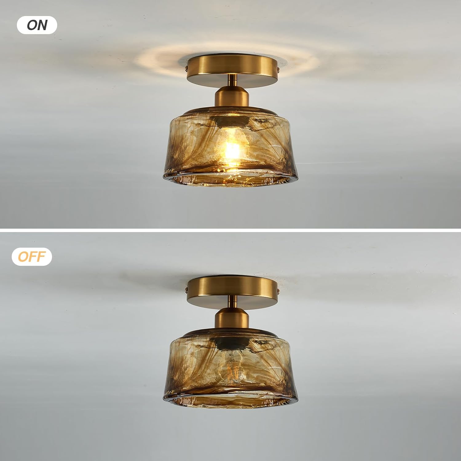 CVKASH Lámpara de techo de latón de montaje semiempotrado, pequeña y moderna lámpara de cristal ámbar dorado para casa de campo, iluminación de