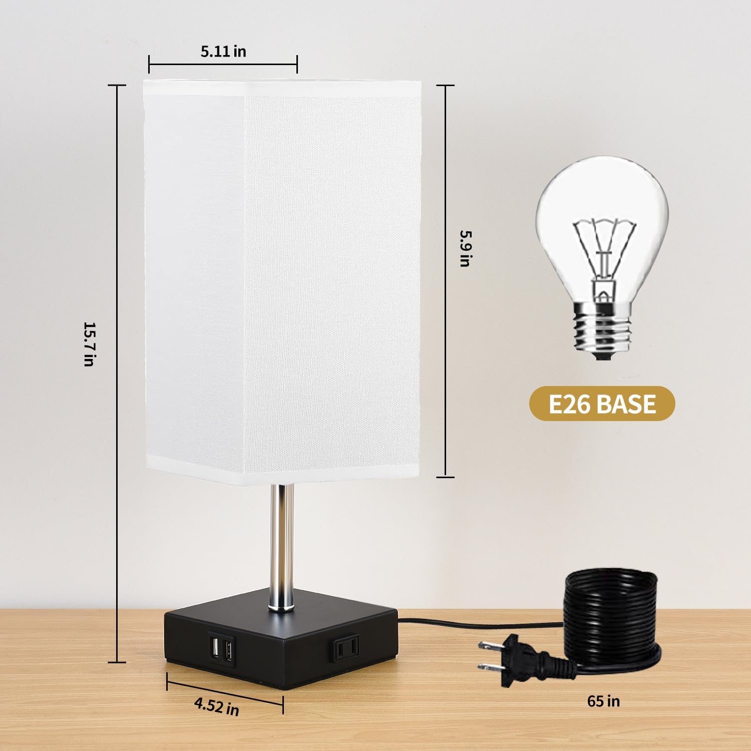 Lámpara de noche con control táctil, lámparas de mesa regulables de 3 vías con 2 puertos USB y tomacorriente, lámpara de mesita de noche para