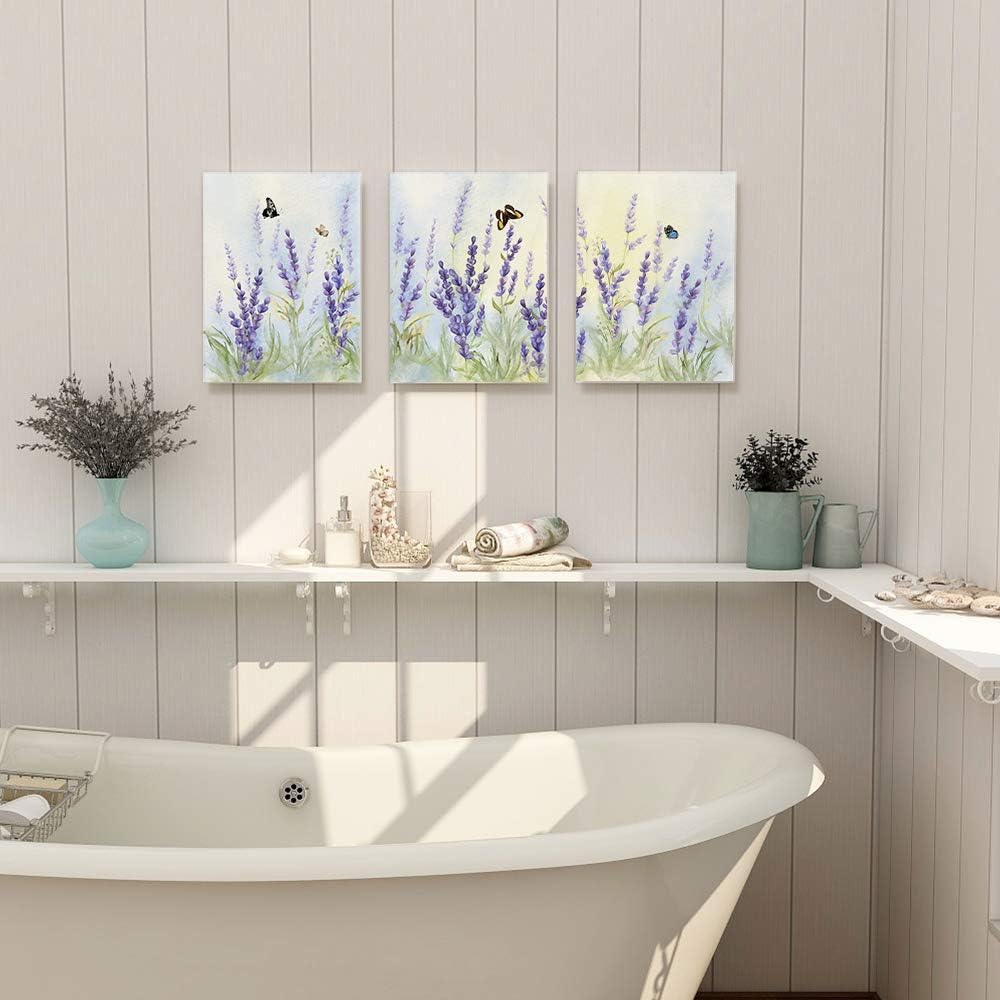 Slody Arte de pared morado con estampado de flores modernas de lavanda, cuadro floral de mariposa, paisaje de primavera, arte botánico enmarcado