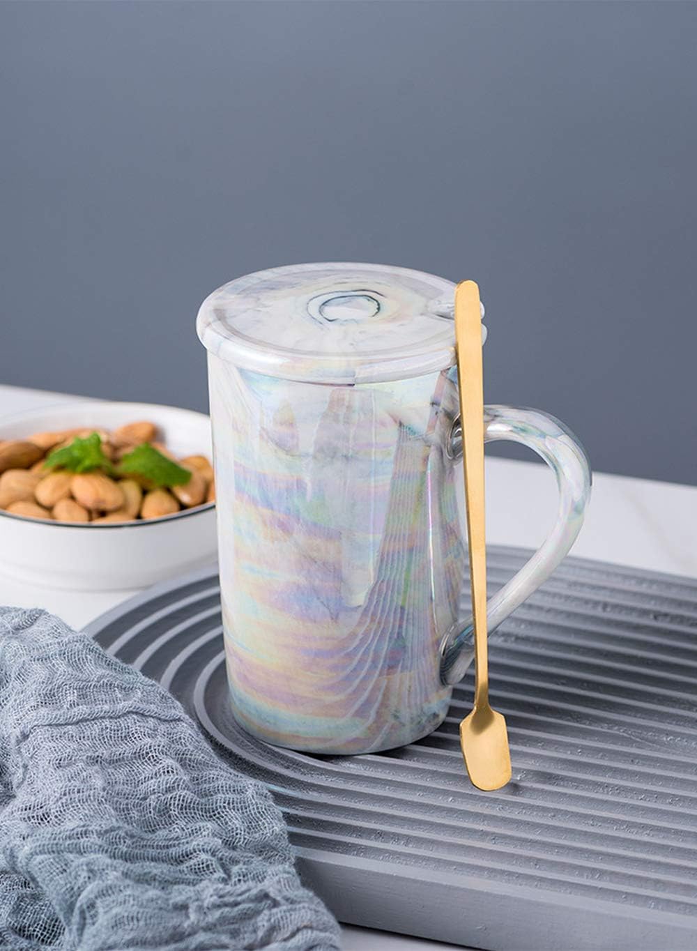 YUESITE Taza de café de cerámica de 12 onzas, tazas altas de café iridiscentes, lindas tazas de café de cerámica para mujeres Mon, aptas para