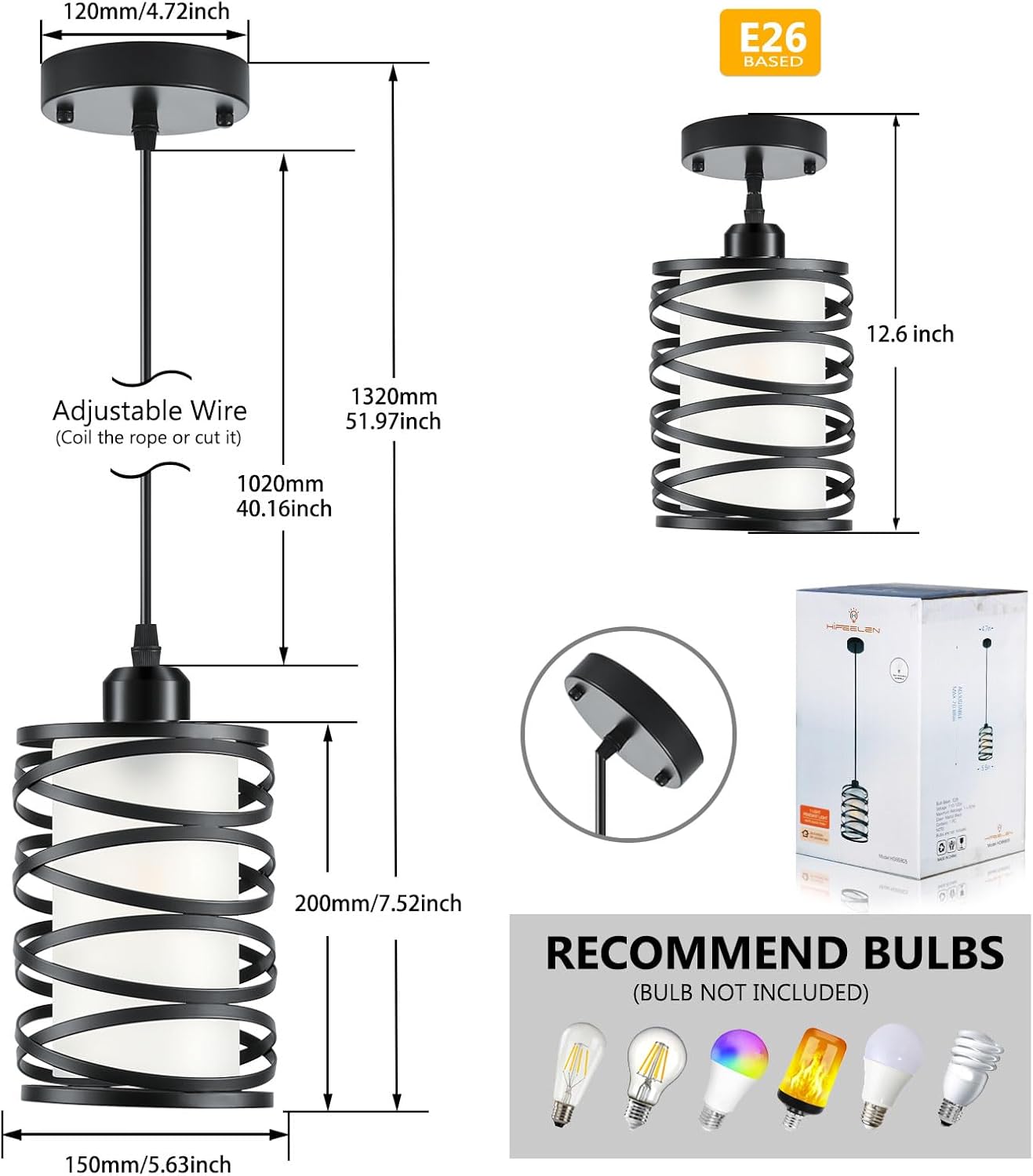 Mini lámpara colgante industrial de granja con pantalla de vidrio y altura ajustable para isla de cocina, bar, comedor y sala de estar, base E26,