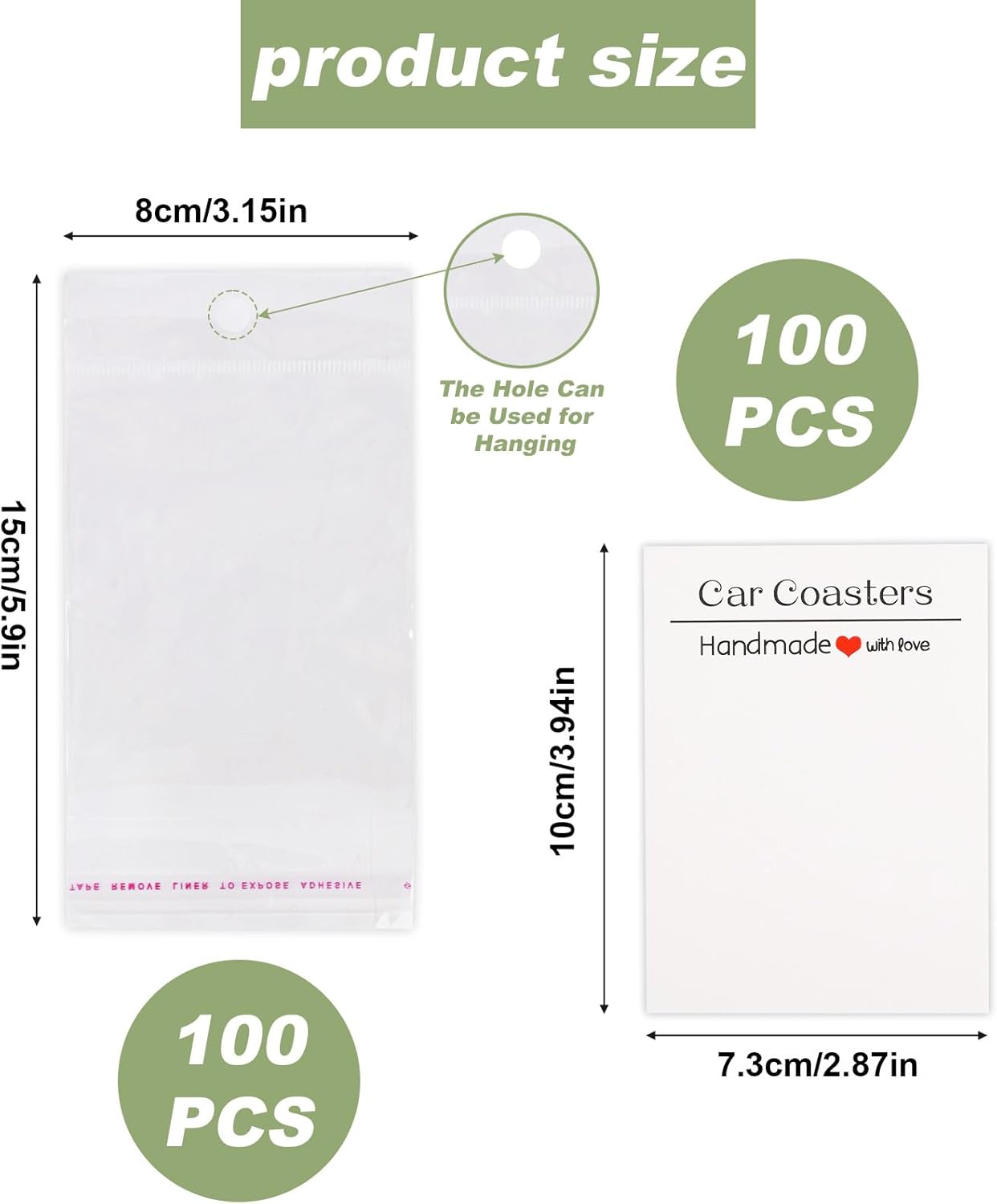 Paquete de 100 posavasos para automóvil, incluye 100 posavasos para automóvil y 100 bolsas de celofán autosellables, embalaje de posavasos de