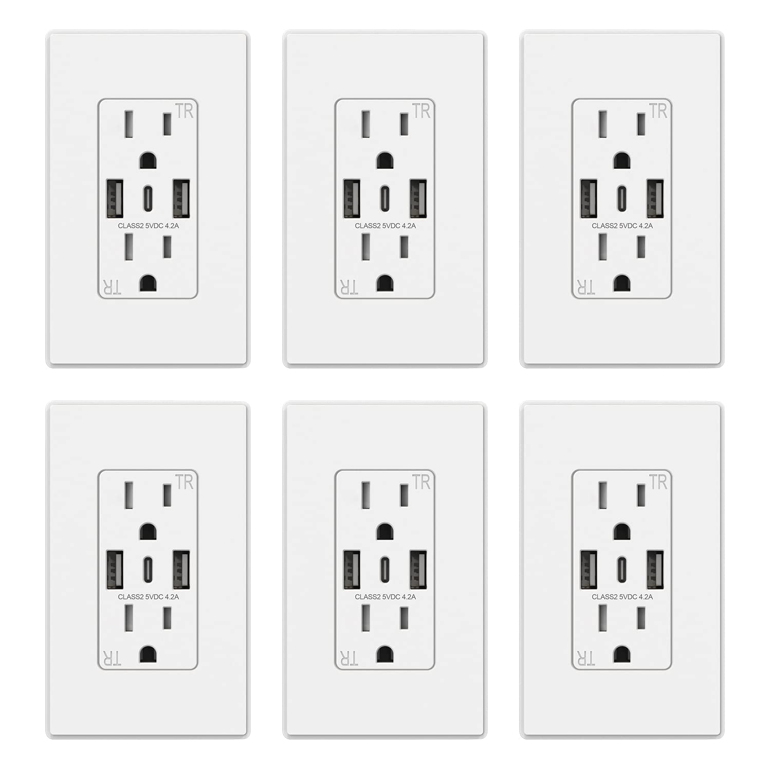 ELEGRP Tomacorrientes de pared USB, 3 puertos USB C, tomacorrientes de pared blanco mate de 15 amperios con puertos USB, salidas USB resistentes a