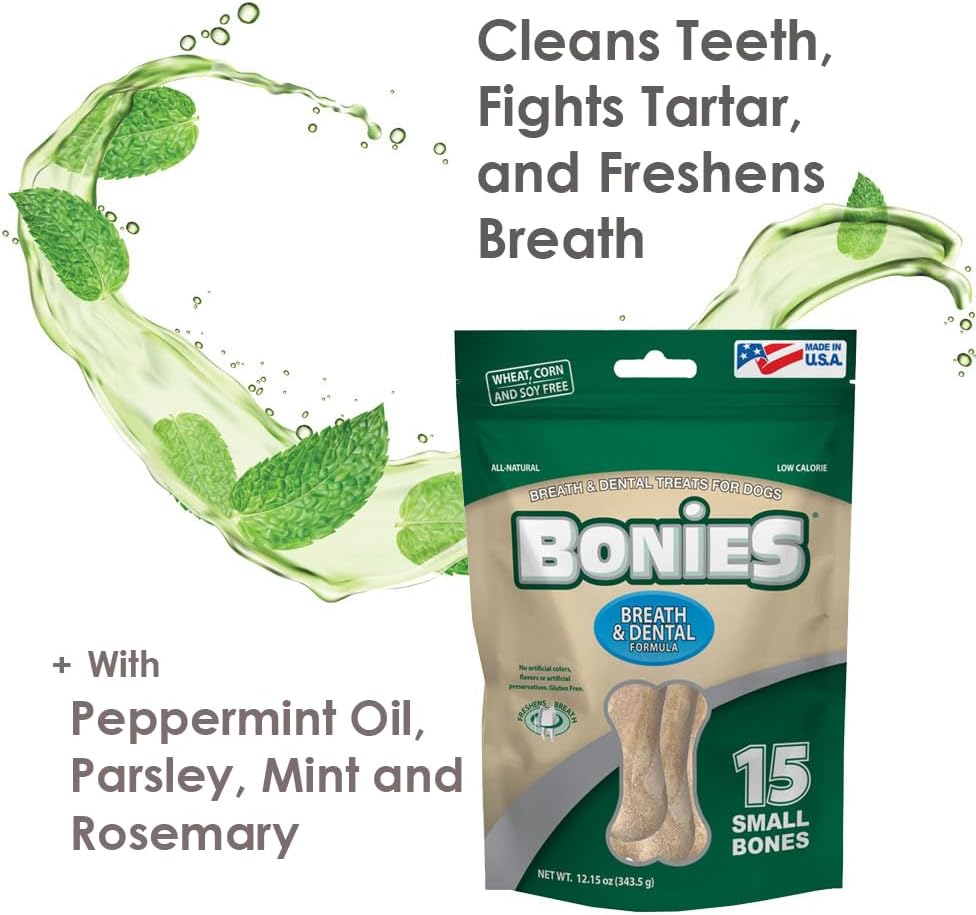 Bonies Aliento y fórmula dental golosinas para perros, ingredientes totalmente naturales, aliento fresco, limpia los dientes, bajo en calorías,