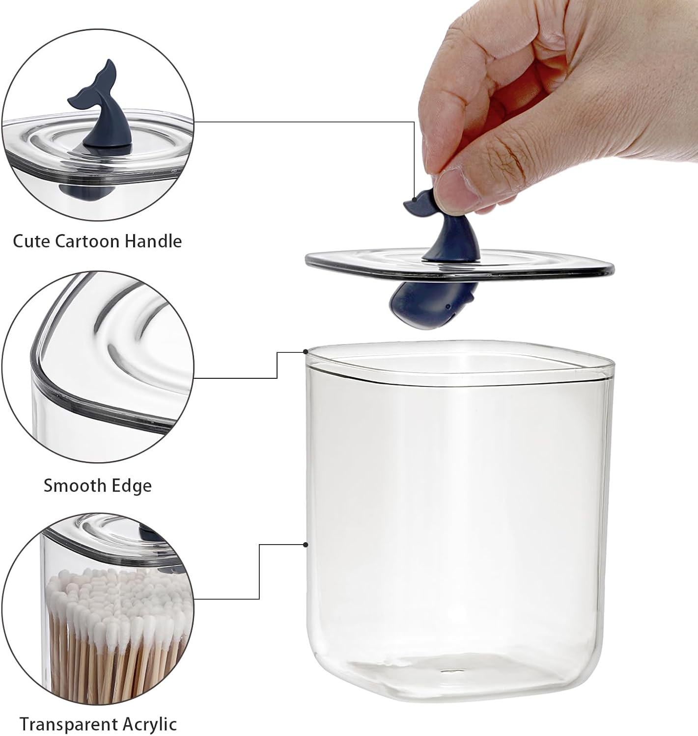 Hipiwe Dispensador de plástico Qtip con tapa de ballena, contenedores de baño transparentes para almohadillas de bolas de algodón, frascos de