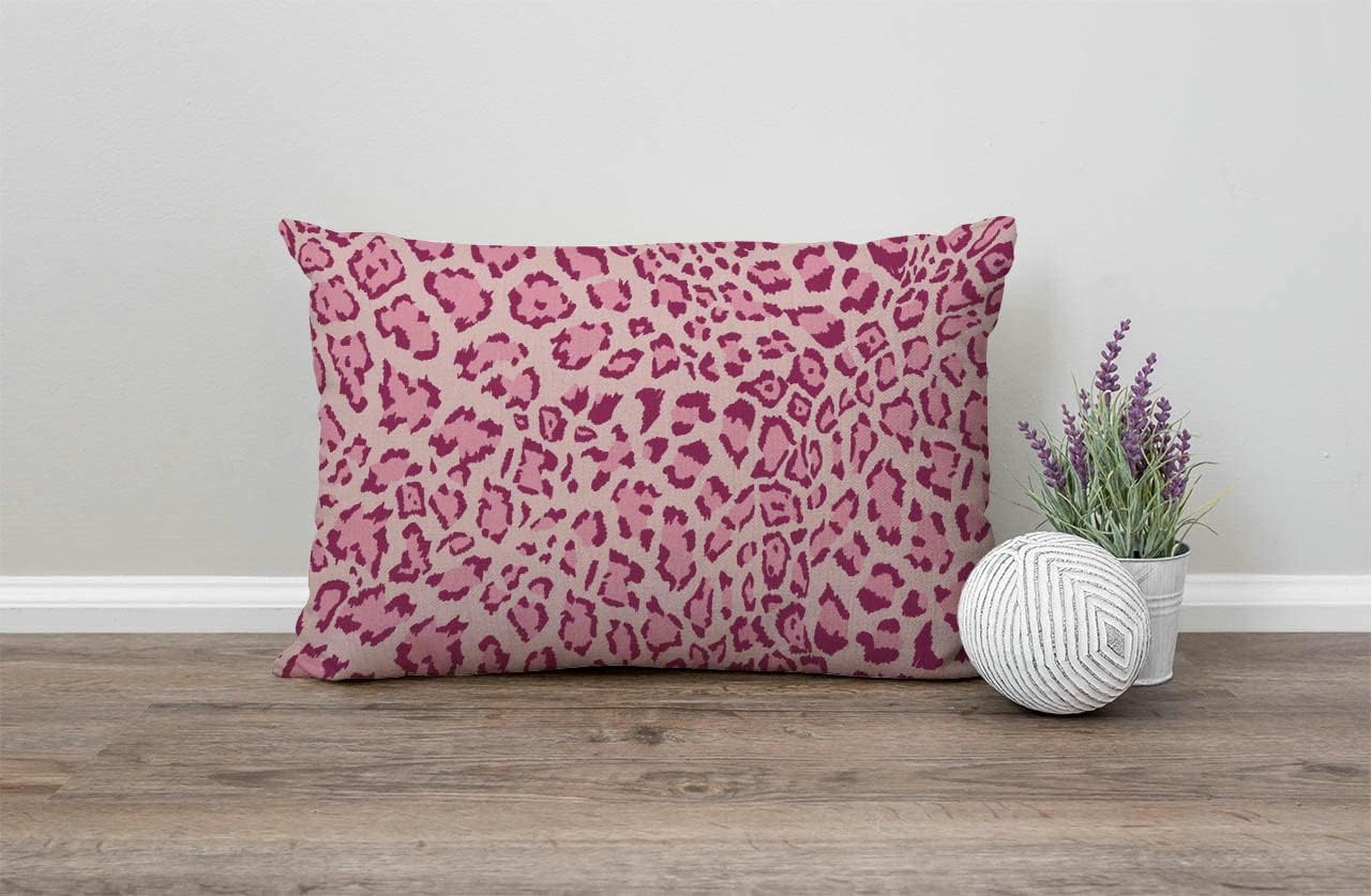 Funda de cojín decorativa de lino y algodón con estampado de leopardo rosa para sofá, cama, 12 x 20 pulgadas